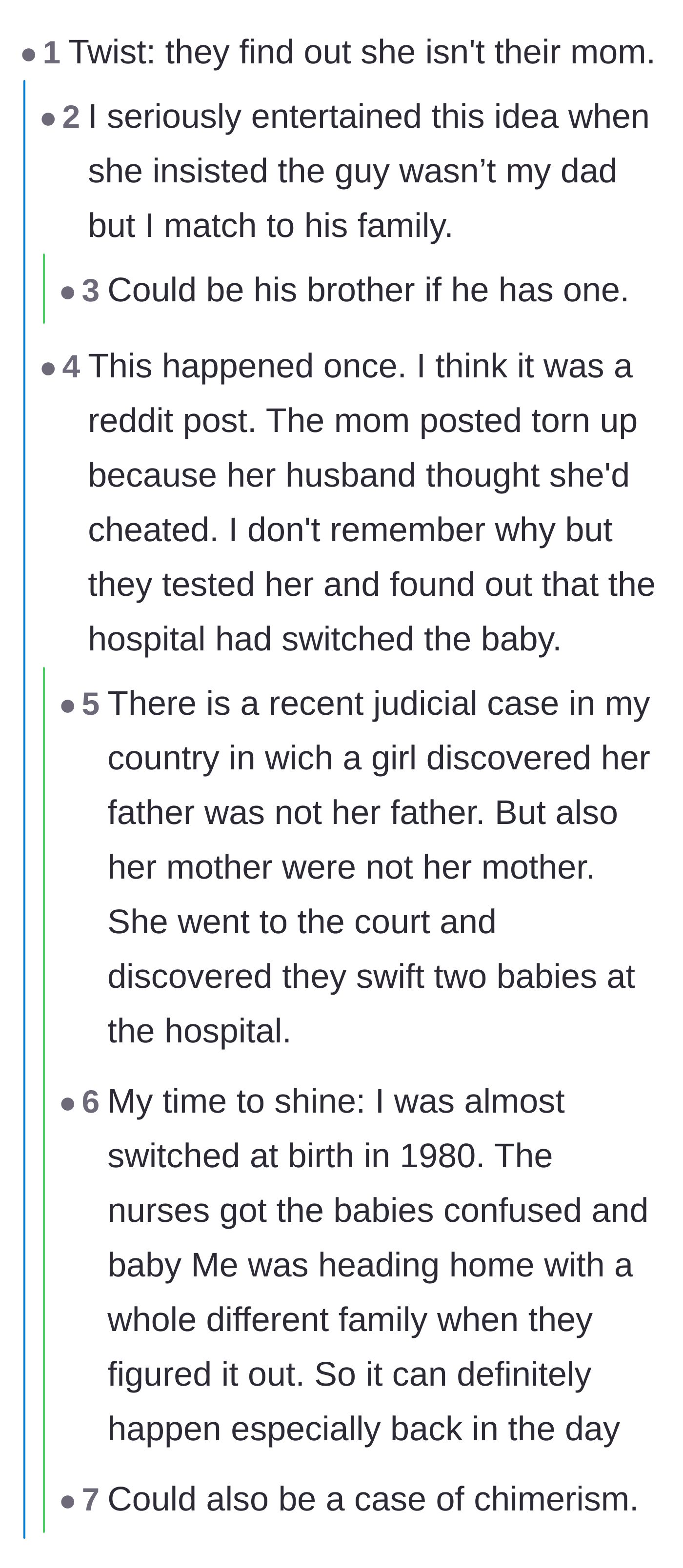 Comment thread 3 - Users share wild personal stories about hospital mix-ups and babies being switched at birth in the 1970s and 1980s.