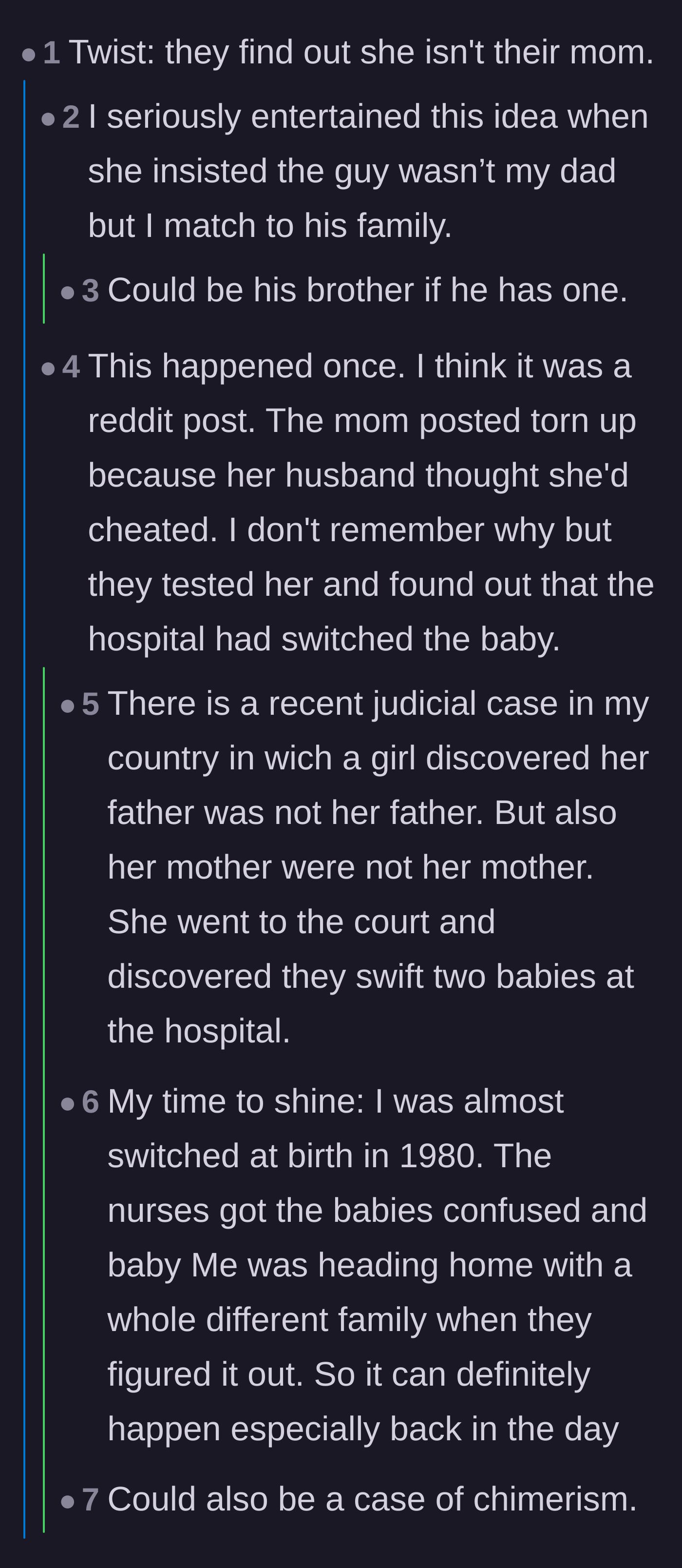 Comment thread 3 - Users share wild personal stories about hospital mix-ups and babies being switched at birth in the 1970s and 1980s.