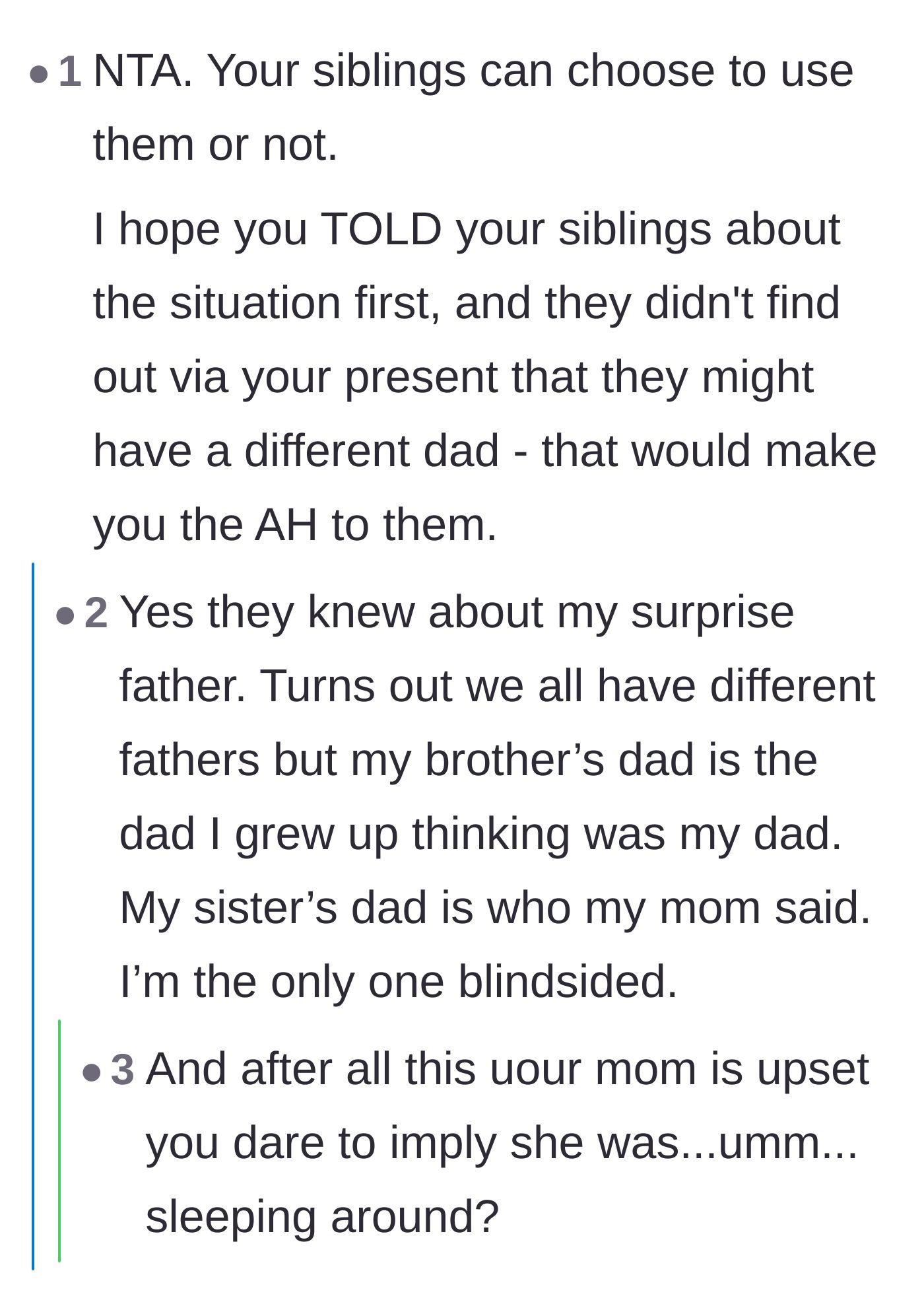 Comment thread 4 - The author reveals shocking new details about her mother having three children with three different men and manipulating a premature birth to hide the truth.