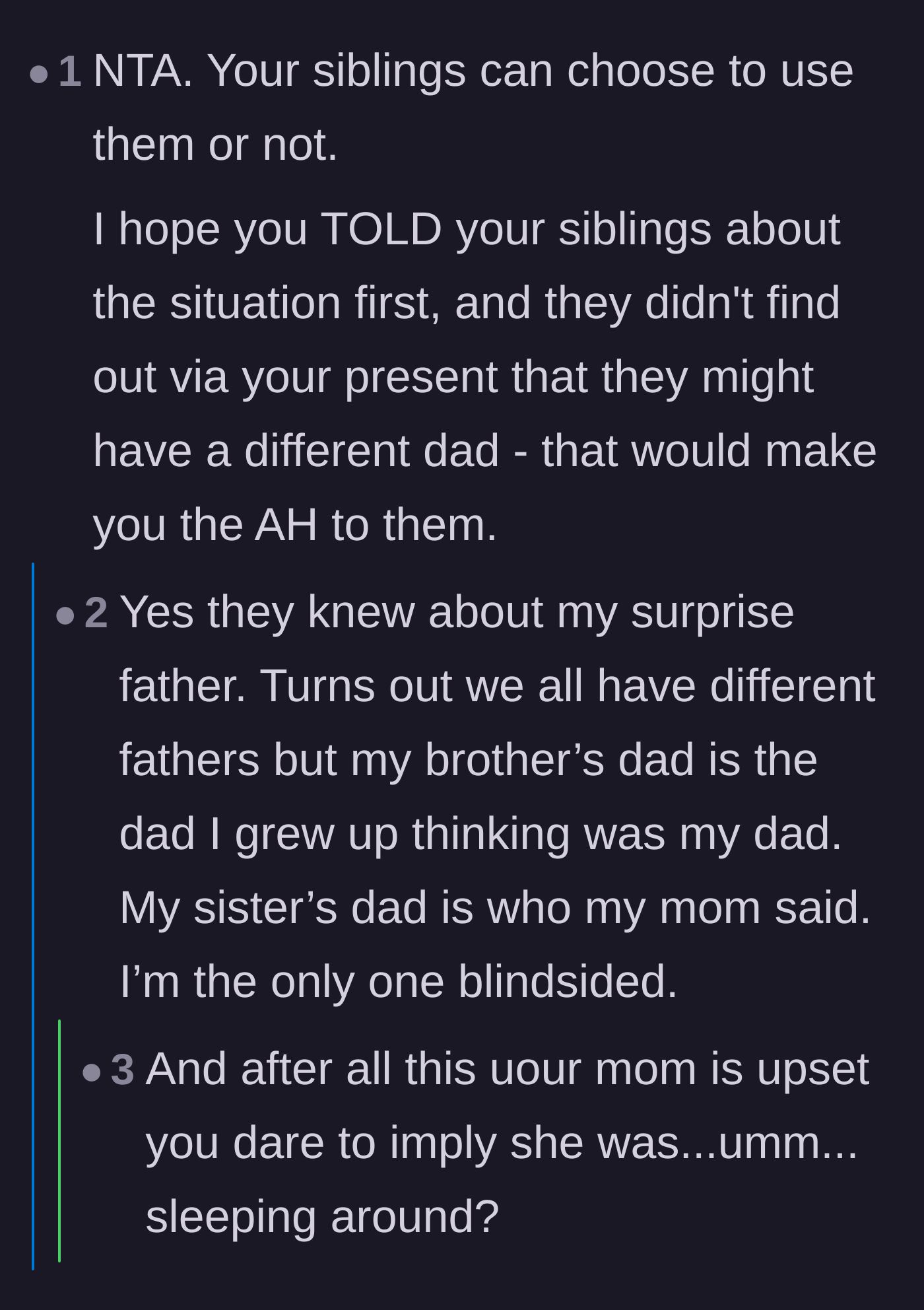 Comment thread 4 - The author reveals shocking new details about her mother having three children with three different men and manipulating a premature birth to hide the truth.