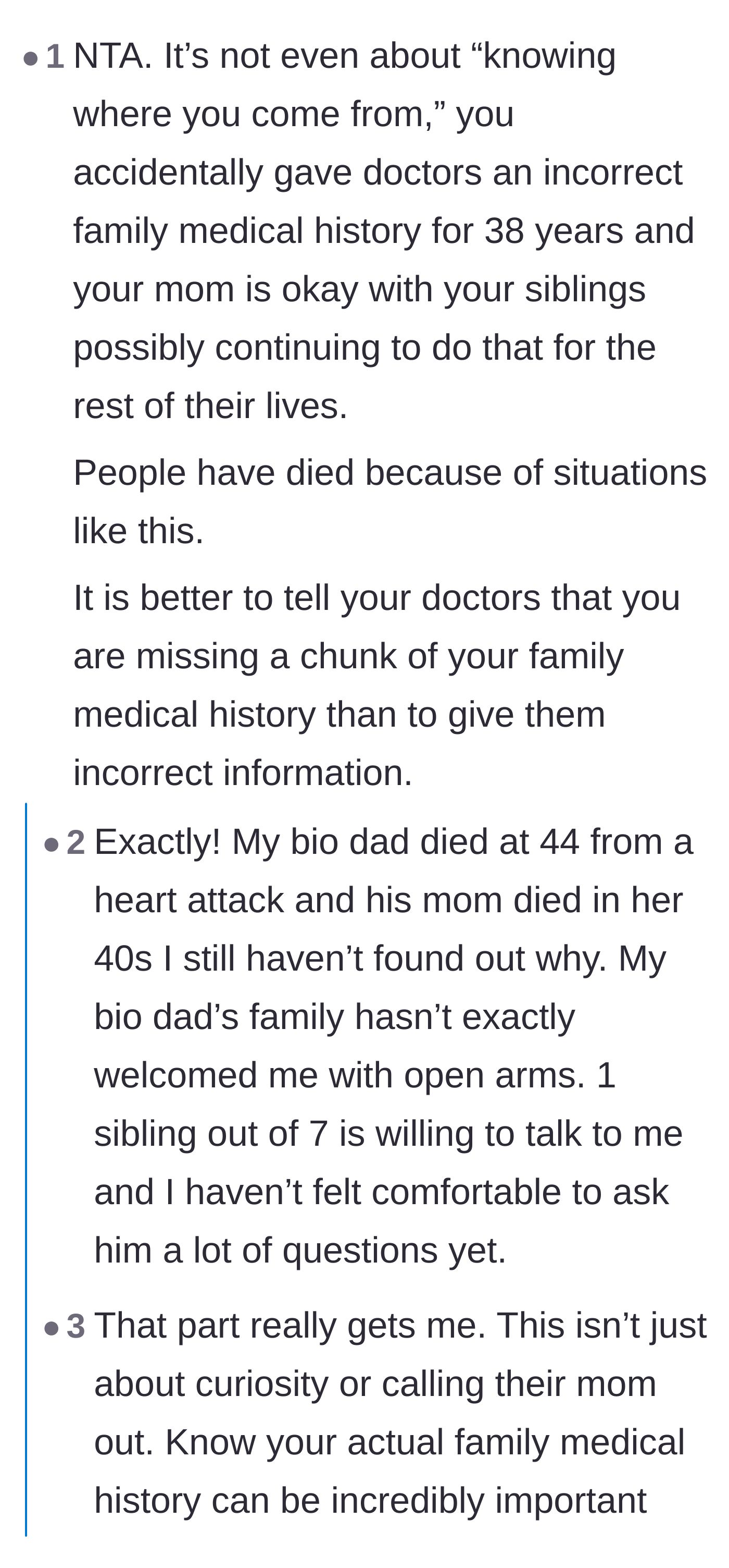 Comment thread 5 - A heartbreaking conversation about the life-and-death importance of accurate family medical histories, as the author shares her biological father passed away young.