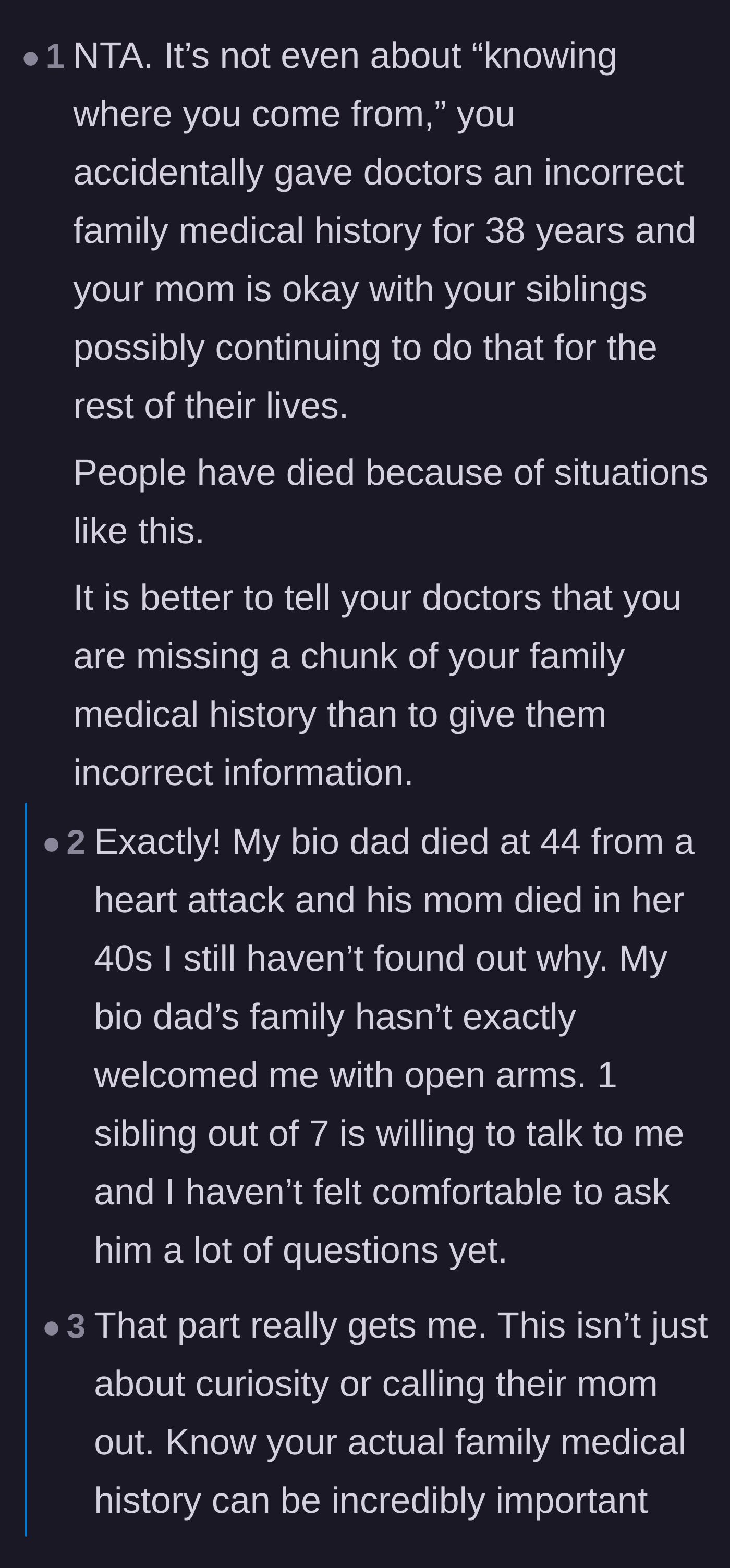 Comment thread 5 - A heartbreaking conversation about the life-and-death importance of accurate family medical histories, as the author shares her biological father passed away young.