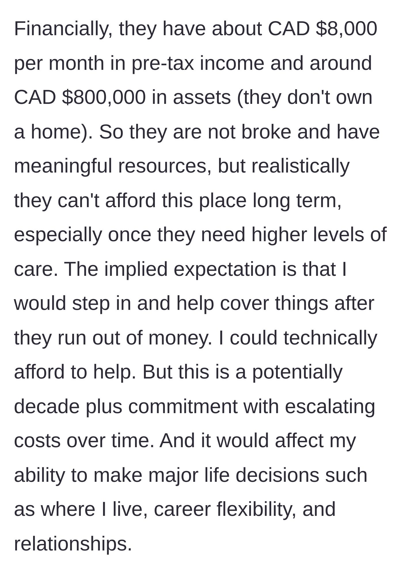 Story part 3 - The son outlines his parents' finances and their unspoken expectation that he will cover the shortfall.