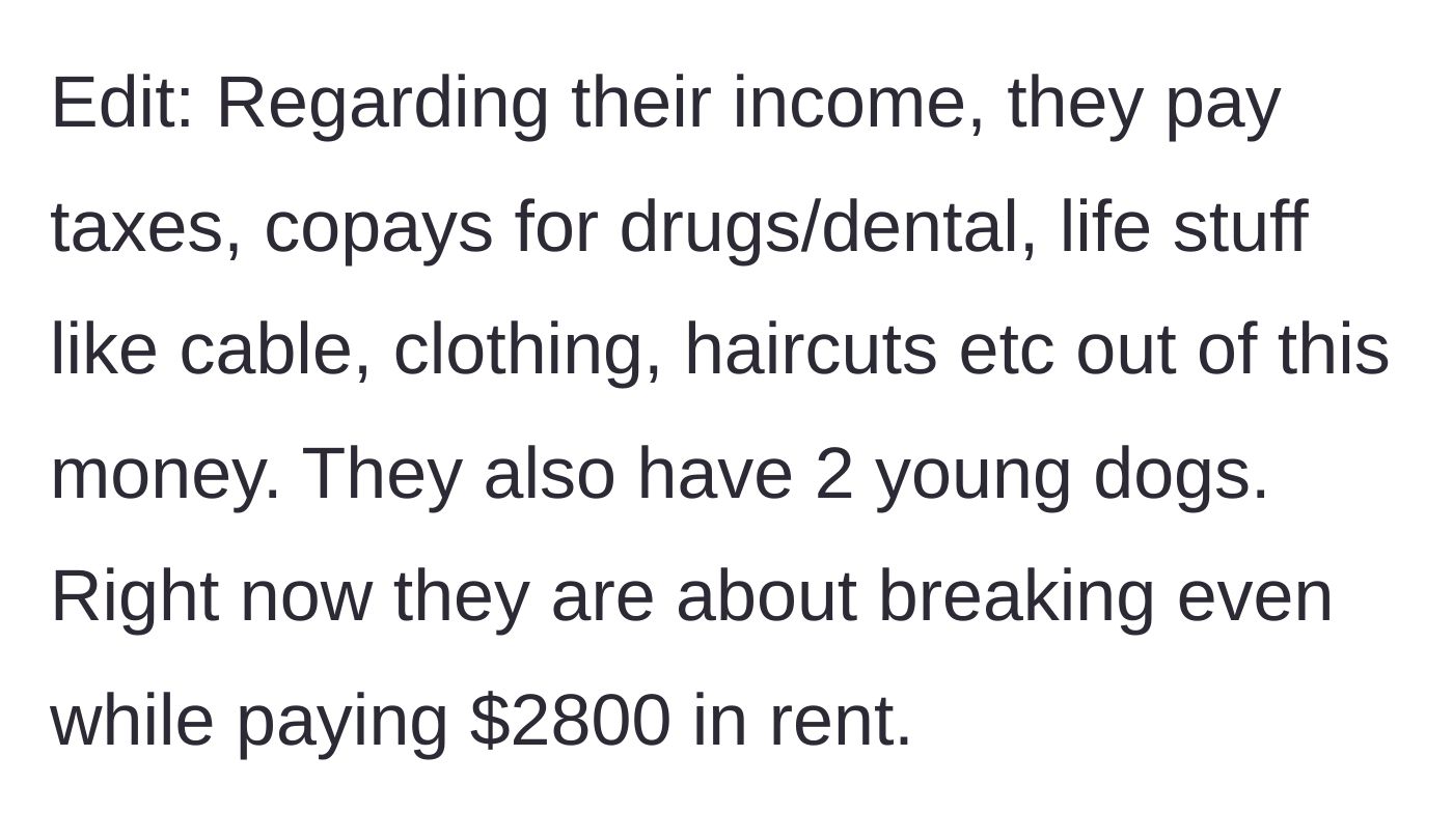 Story part 8 - An edit explaining the parents' current budget, breaking even at $2800 rent.