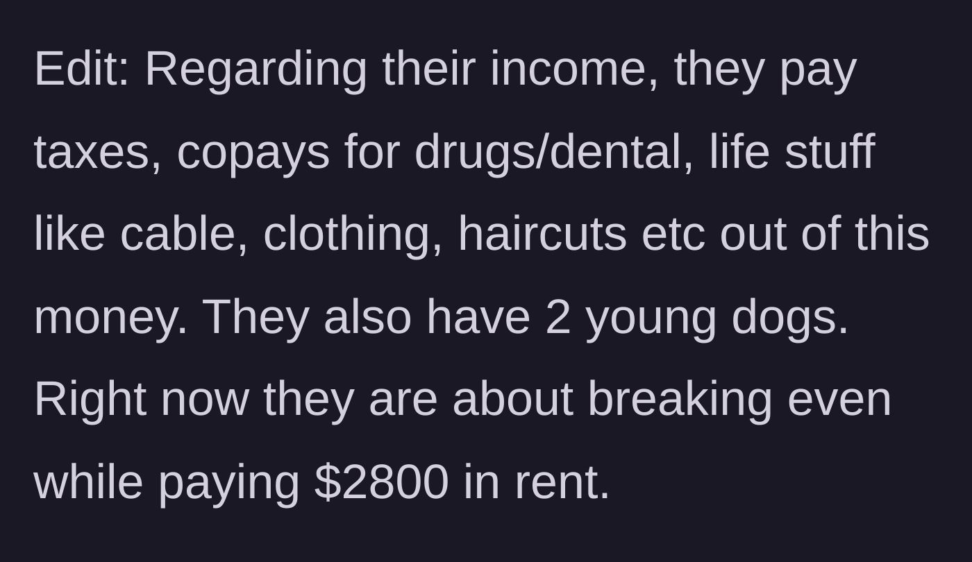 Story part 8 - An edit explaining the parents' current budget, breaking even at $2800 rent.