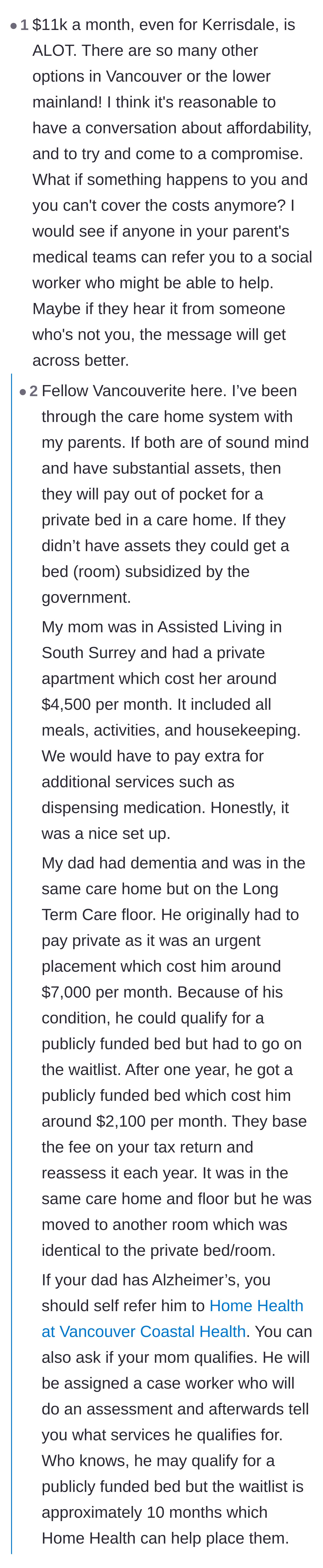 Comment thread 2 - Locals discuss actual Vancouver care home costs and suggest utilizing public health social workers.