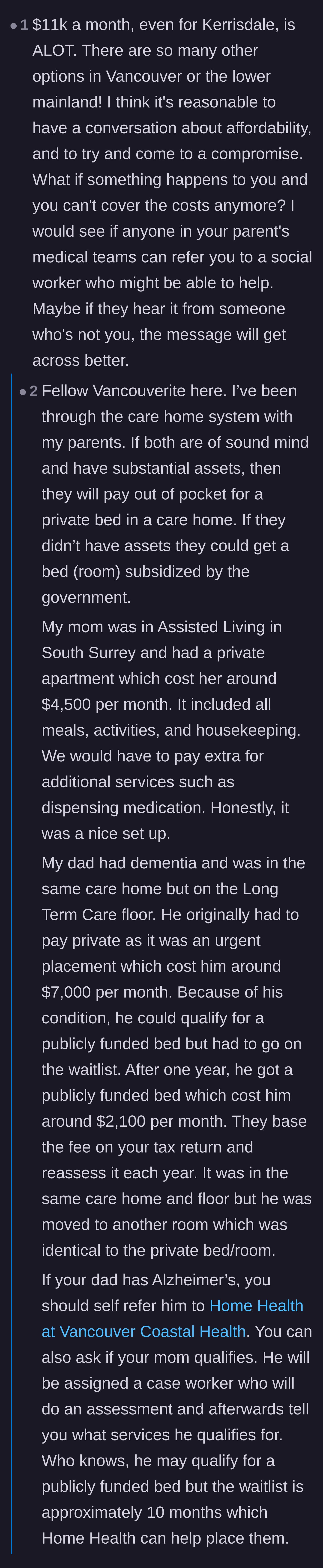 Comment thread 2 - Locals discuss actual Vancouver care home costs and suggest utilizing public health social workers.