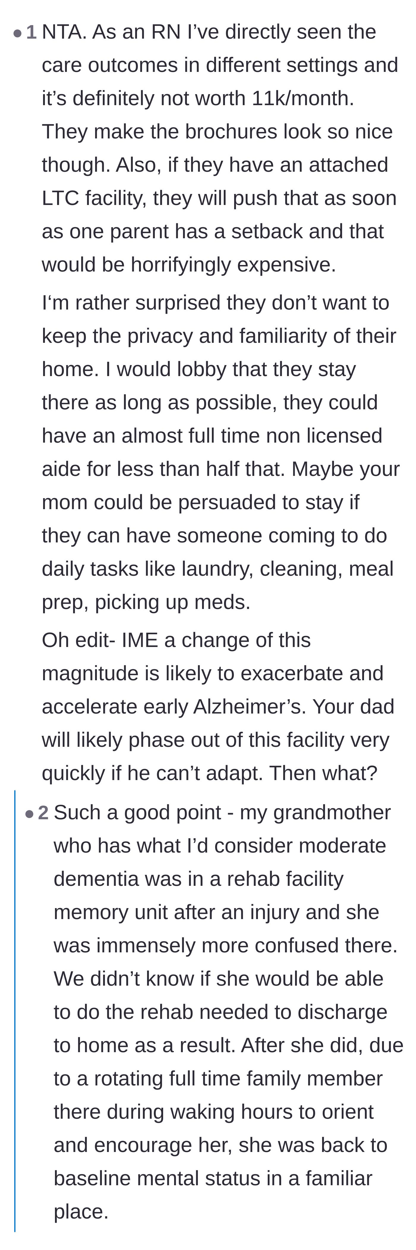 Comment thread 3 - An RN warns that moving a dementia patient can rapidly accelerate their decline and pushes for in-home aides.
