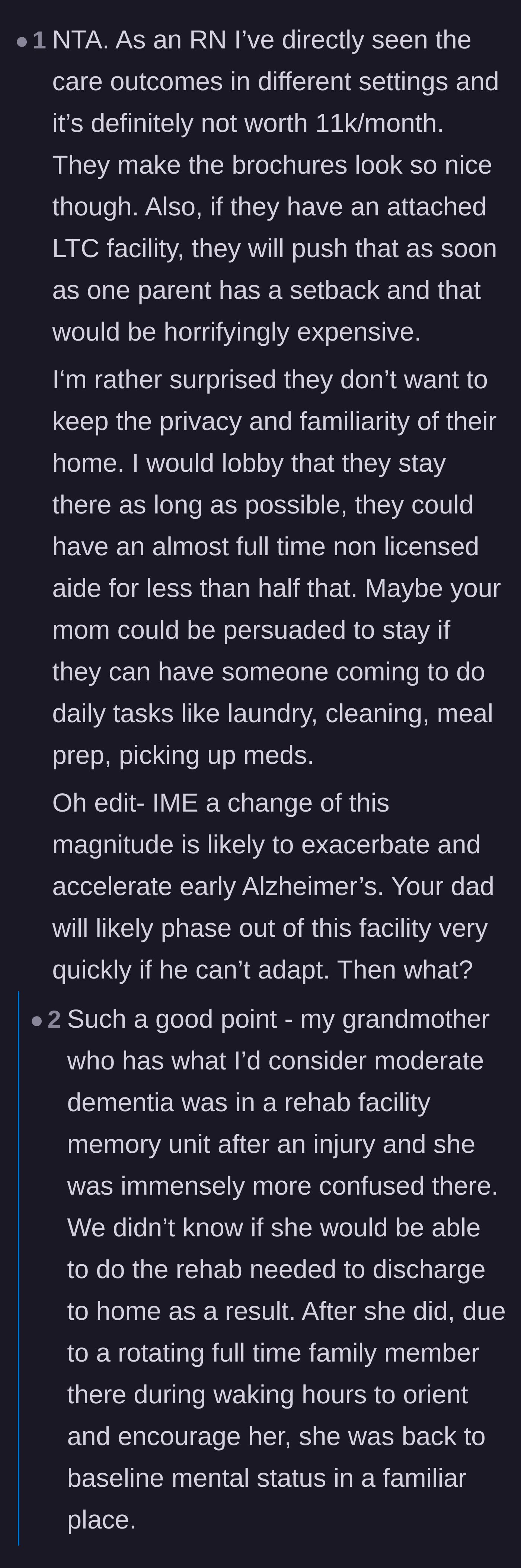 Comment thread 3 - An RN warns that moving a dementia patient can rapidly accelerate their decline and pushes for in-home aides.