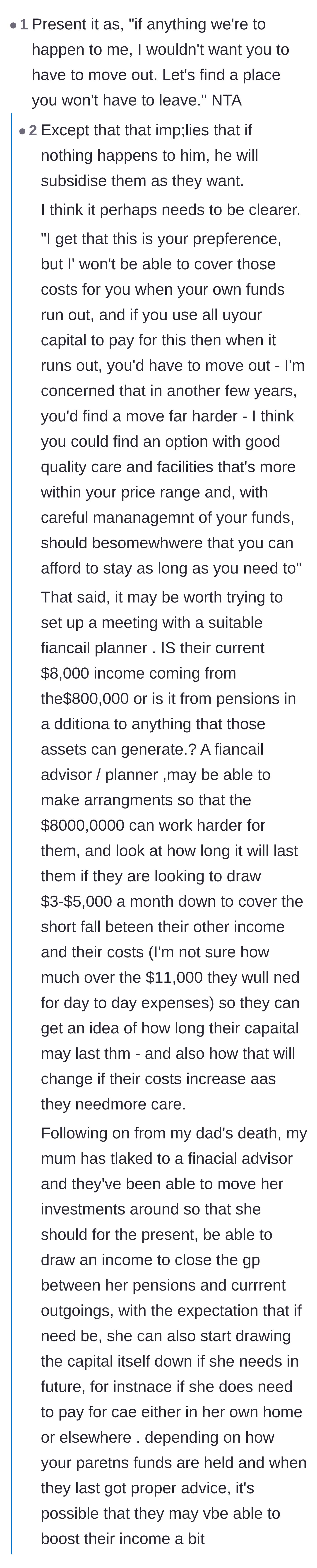 Comment thread 4 - Debating how to frame the refusal without implying future financial support, plus advice on hiring a financial planner.