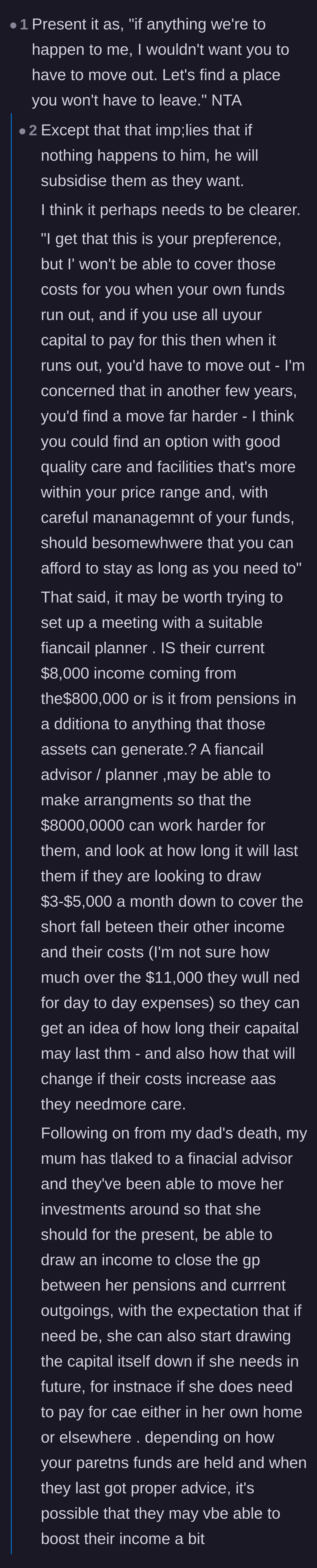Comment thread 4 - Debating how to frame the refusal without implying future financial support, plus advice on hiring a financial planner.