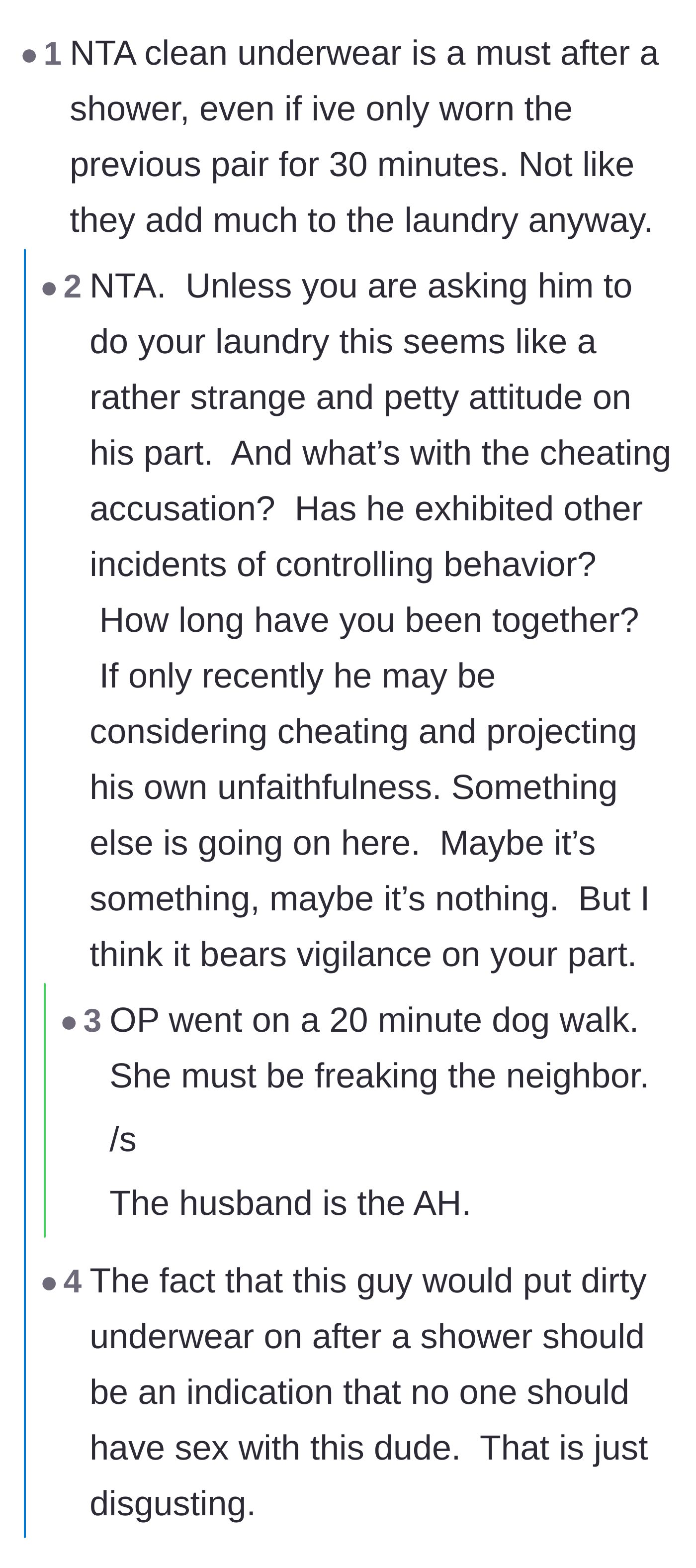 Comment thread 1 - Readers dissect the husband's controlling behavior and share their own stories of projection from cheating partners.