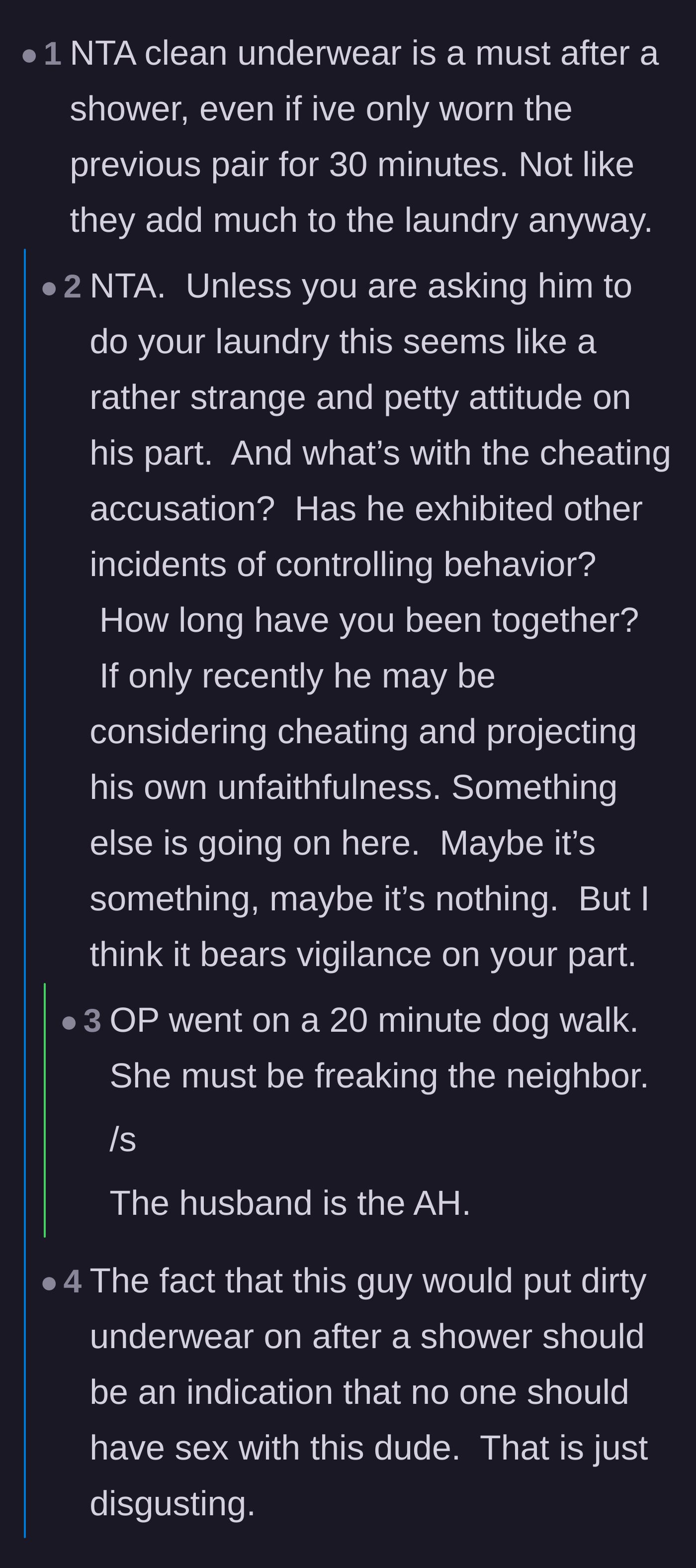 Comment thread 1 - Readers dissect the husband's controlling behavior and share their own stories of projection from cheating partners.