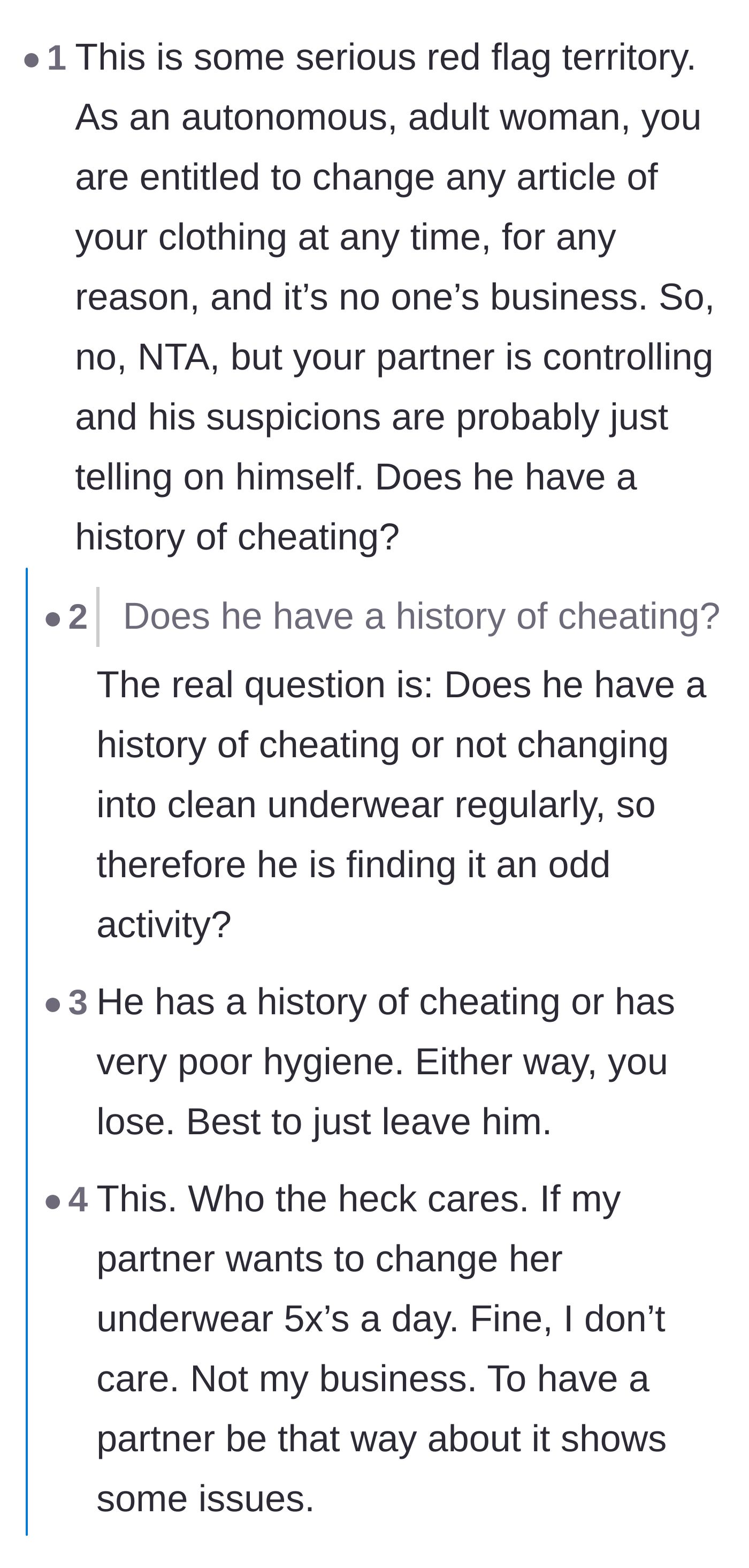 Comment thread 3 - Commenters use international idioms to point out that the partner's accusations likely stem from his own guilty conscience.