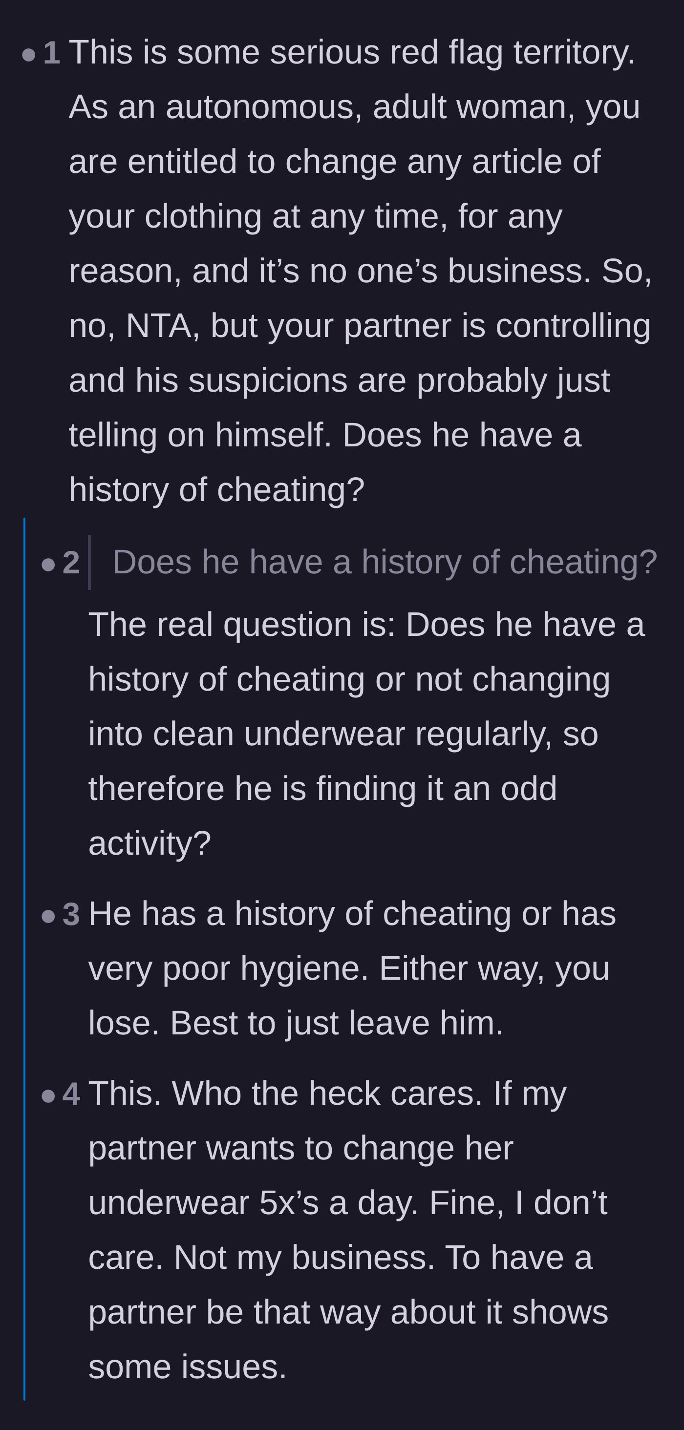 Comment thread 3 - Commenters use international idioms to point out that the partner's accusations likely stem from his own guilty conscience.