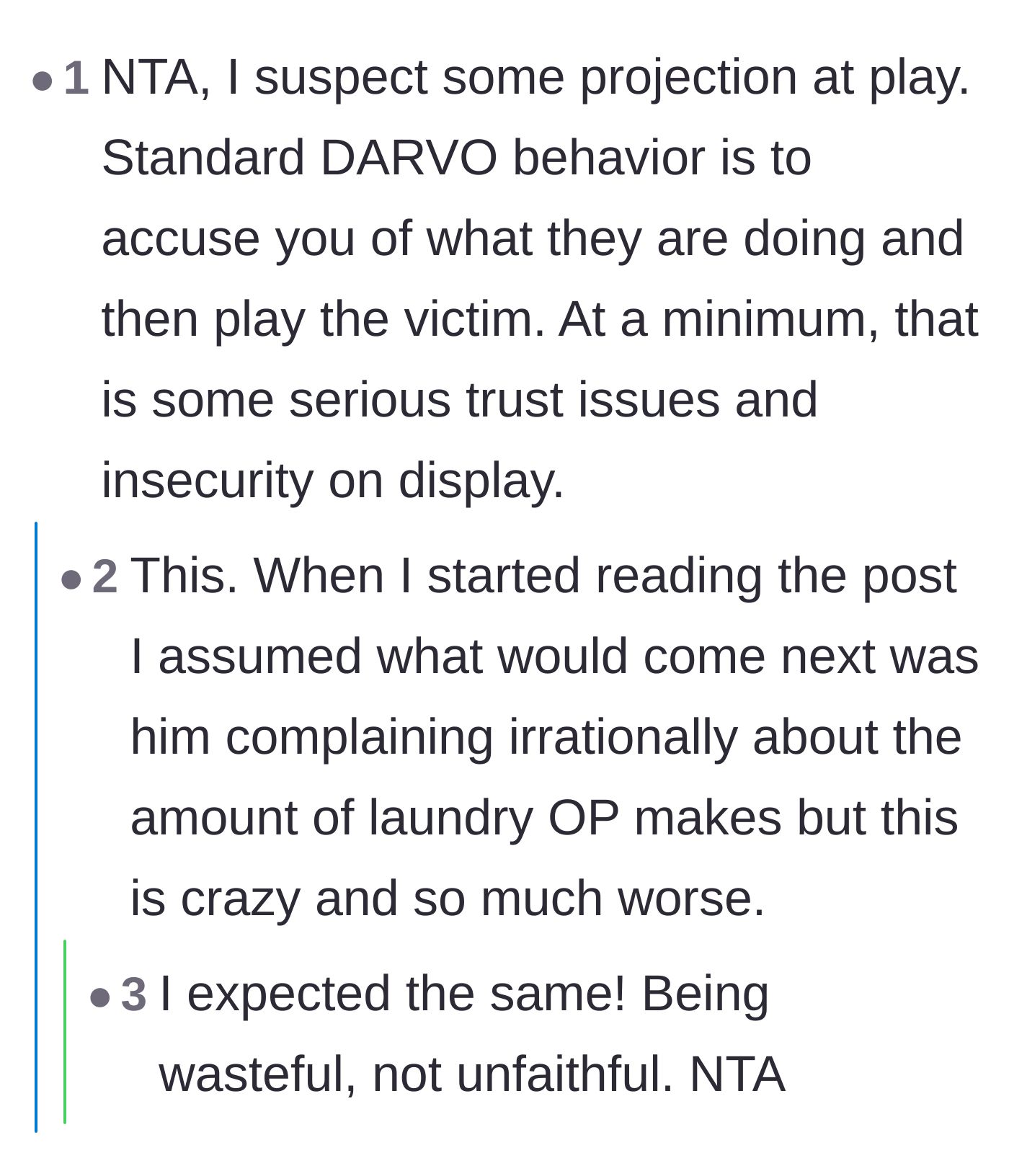 Comment thread 4 - A discussion breaking down the partner's tactics as classic DARVO behavior and severe insecurity.