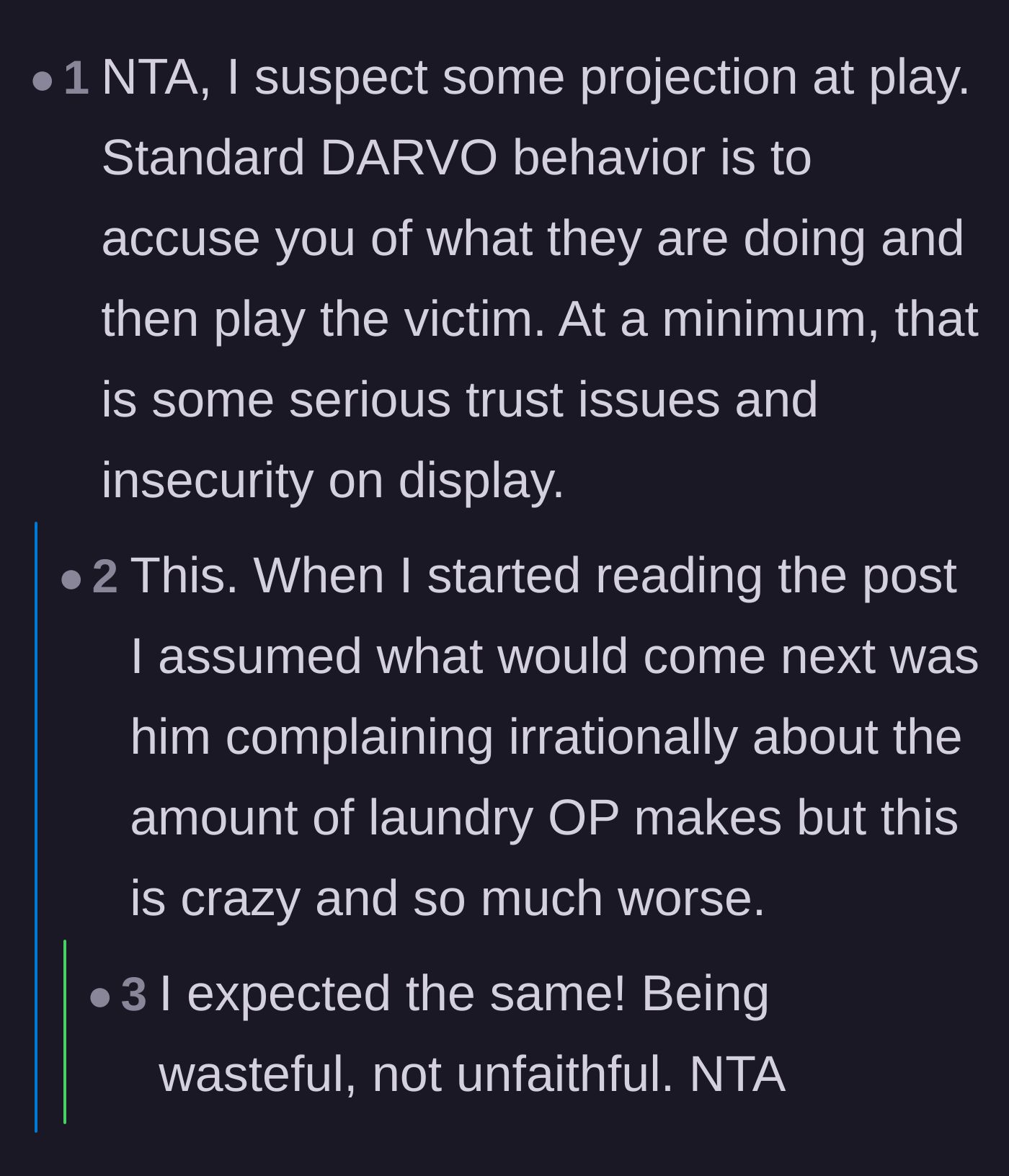 Comment thread 4 - A discussion breaking down the partner's tactics as classic DARVO behavior and severe insecurity.
