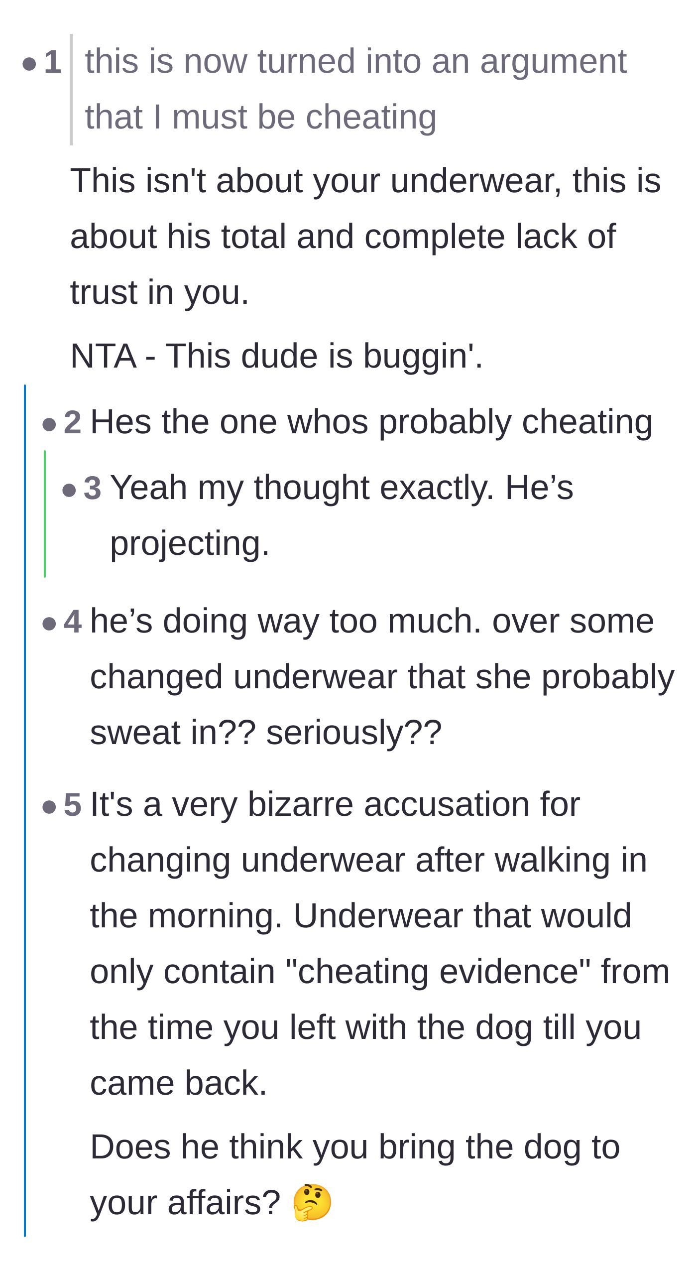 Comment thread 5 - Readers mock the logistical impossibility of having an affair during a quick morning dog walk.