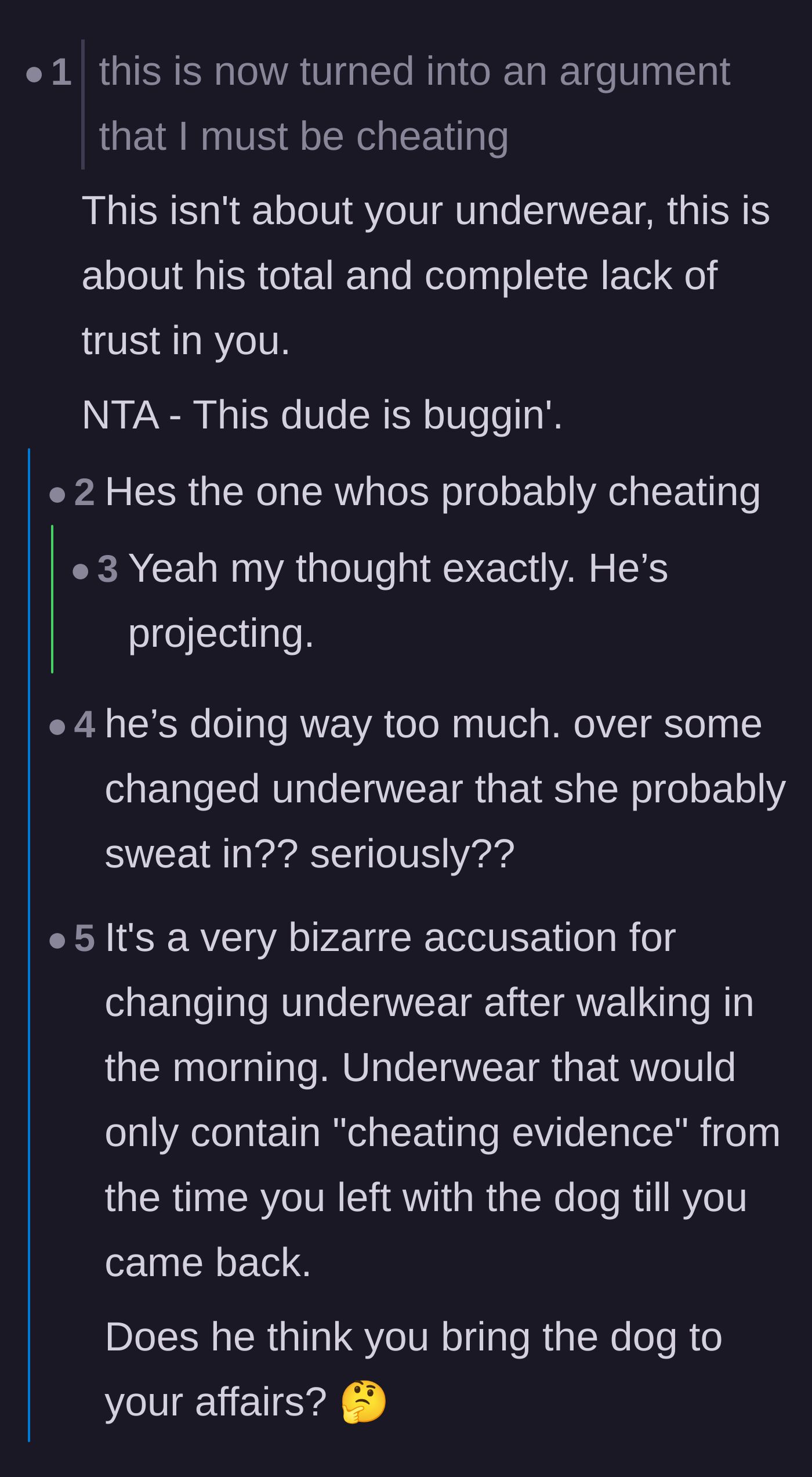 Comment thread 5 - Readers mock the logistical impossibility of having an affair during a quick morning dog walk.