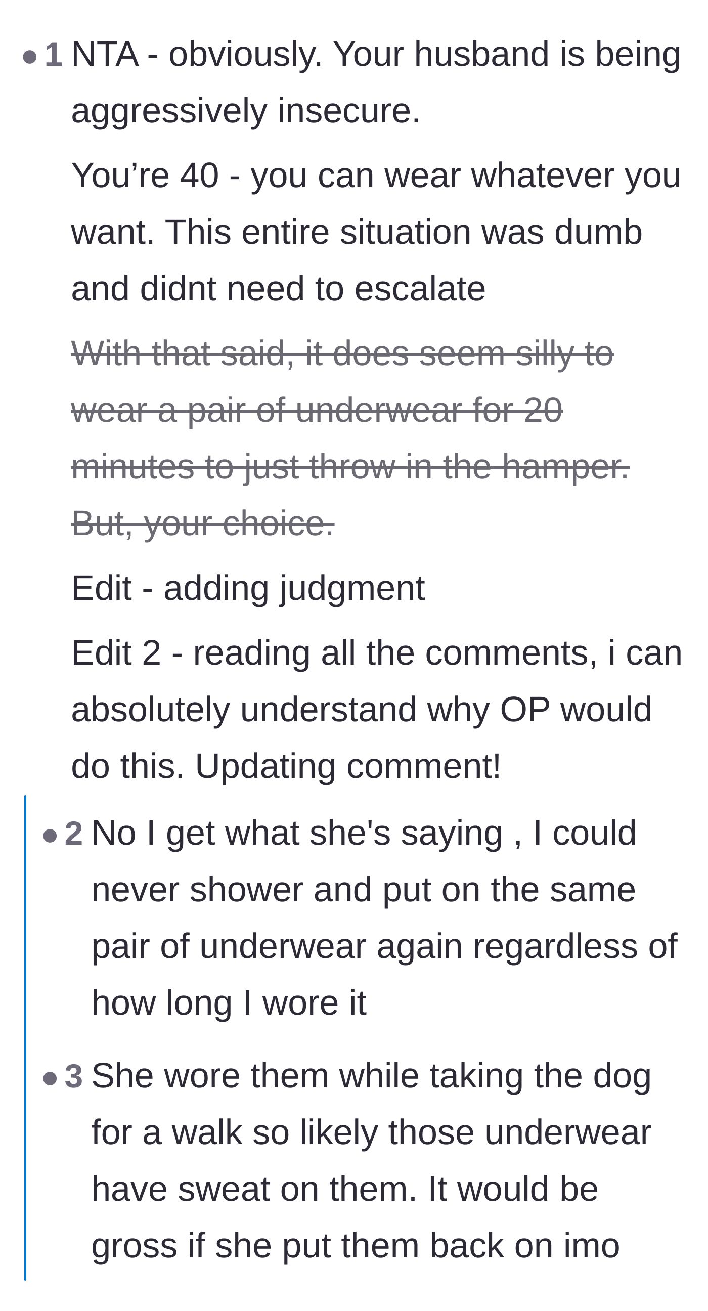 Comment thread 6 - A relatable conversation about the visceral 'ick' factor of putting worn underwear back on a clean body.
