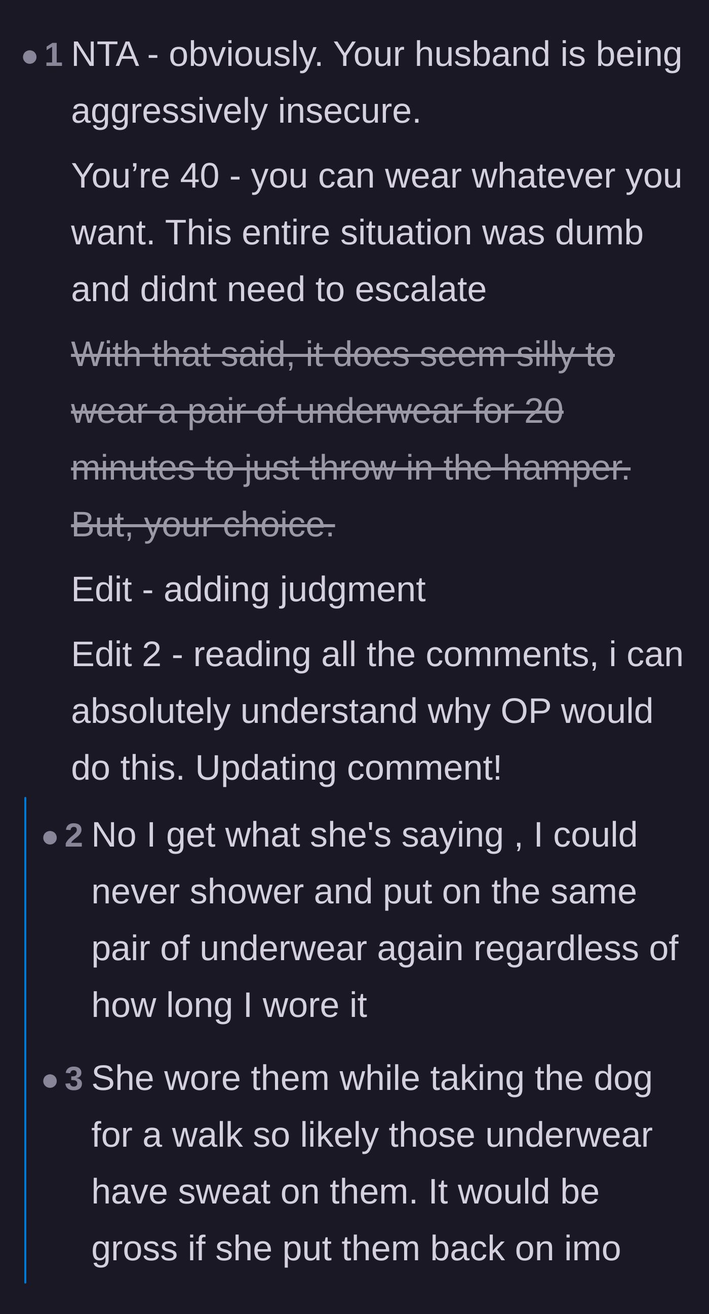 Comment thread 6 - A relatable conversation about the visceral 'ick' factor of putting worn underwear back on a clean body.
