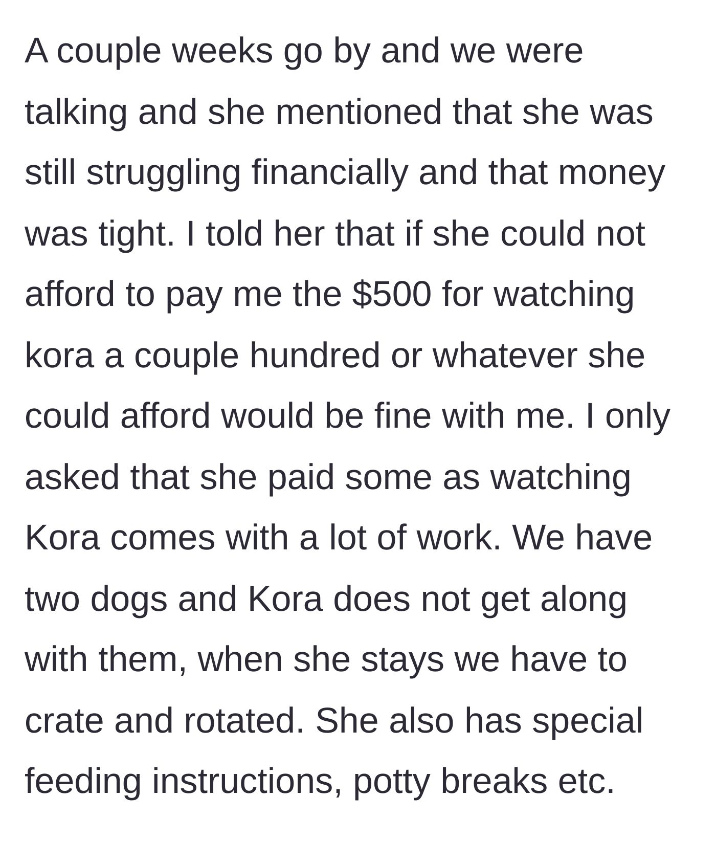 Story part 3 - Friend claims money is tight; bride graciously tells her to just pay what she can afford.