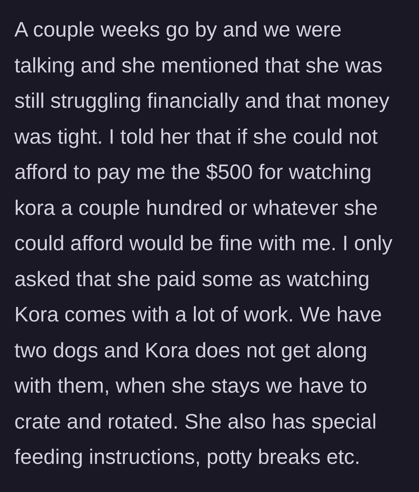 Story part 3 - Friend claims money is tight; bride graciously tells her to just pay what she can afford.