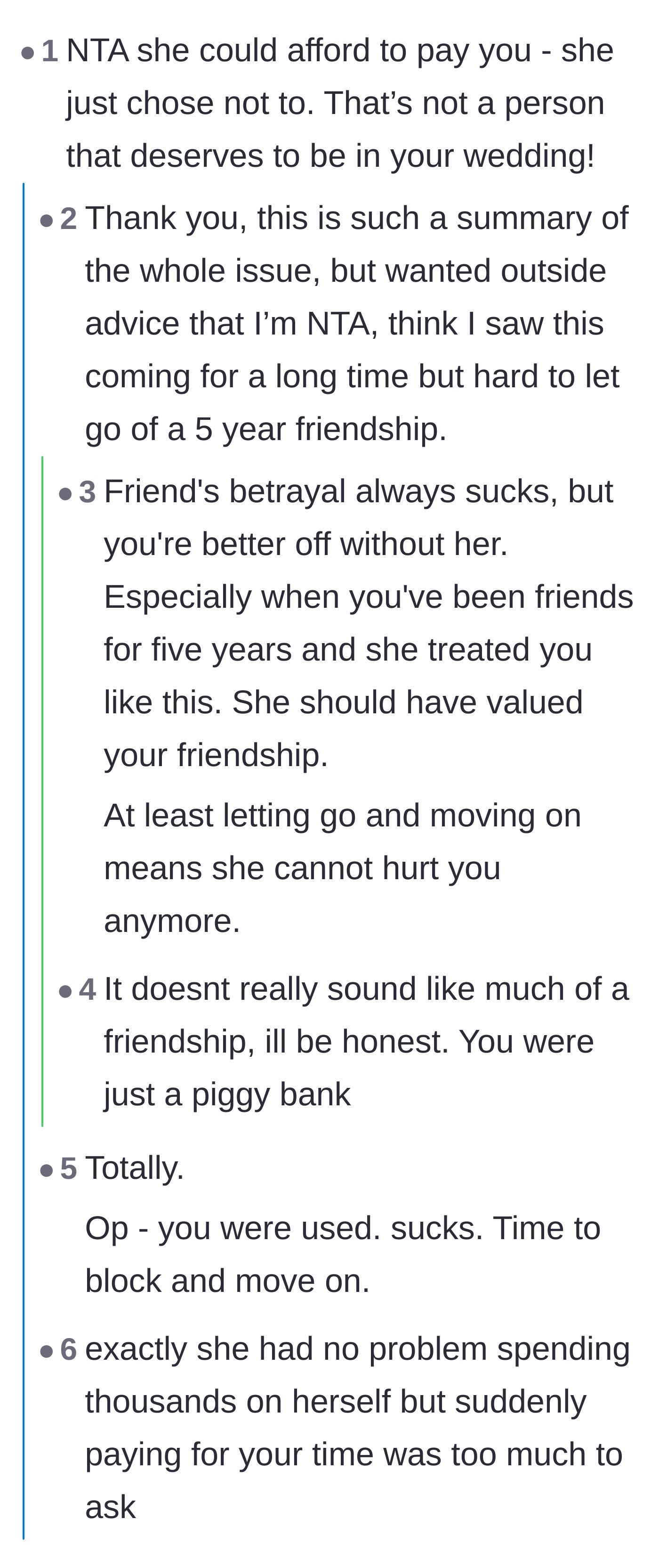 Comment thread 1 - Readers discussing how the friend treated the bride like an ATM and willingly chose not to pay despite having the funds.