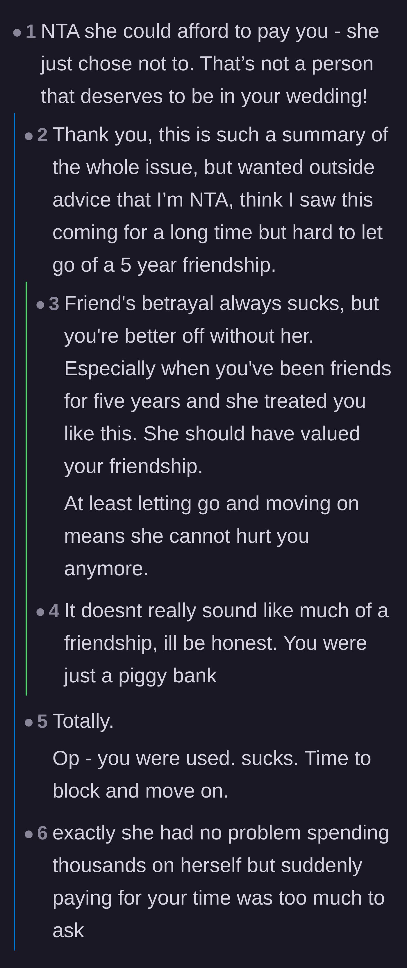 Comment thread 1 - Readers discussing how the friend treated the bride like an ATM and willingly chose not to pay despite having the funds.