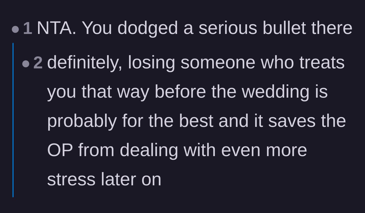 Comment thread 2 - Commenters agreeing that the bride dodged a massive bullet by losing this friend before the actual wedding day.