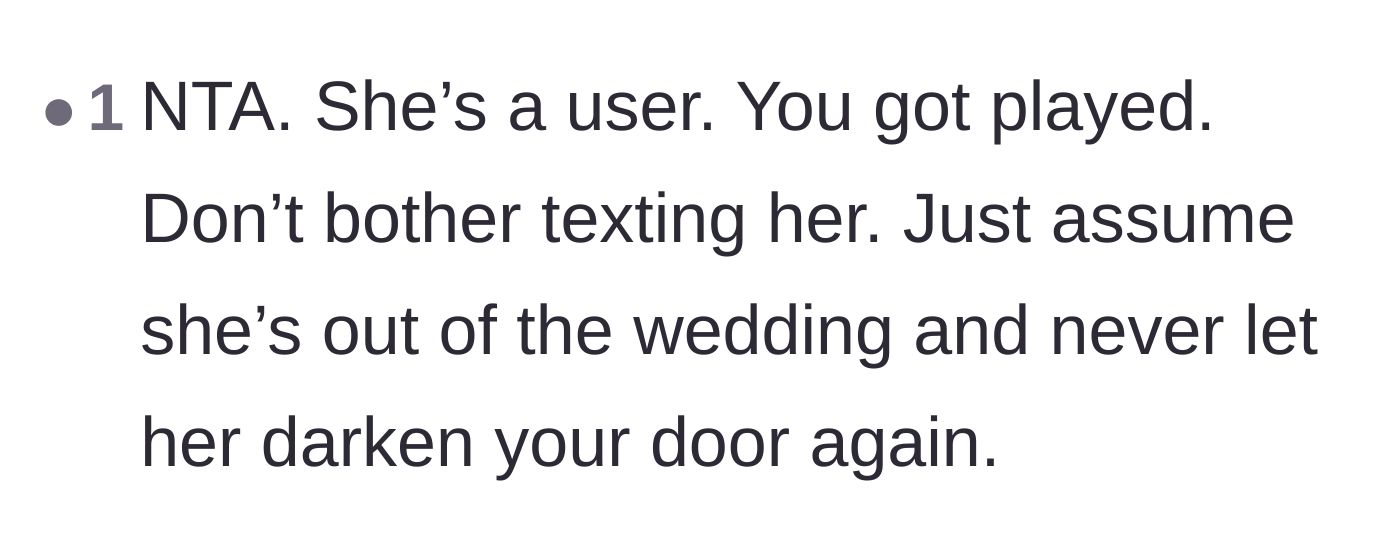 Comment thread 3 - A commenter bluntly advising the bride to stop texting the user and assume she is completely out of her life.