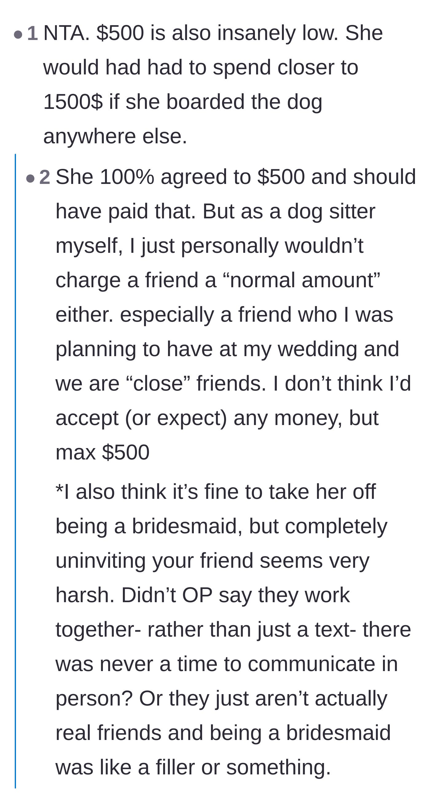 Comment thread 4 - A debate about how $500 was an incredibly cheap rate for dog-sitting, making the friend's lack of gratitude even more infuriating.