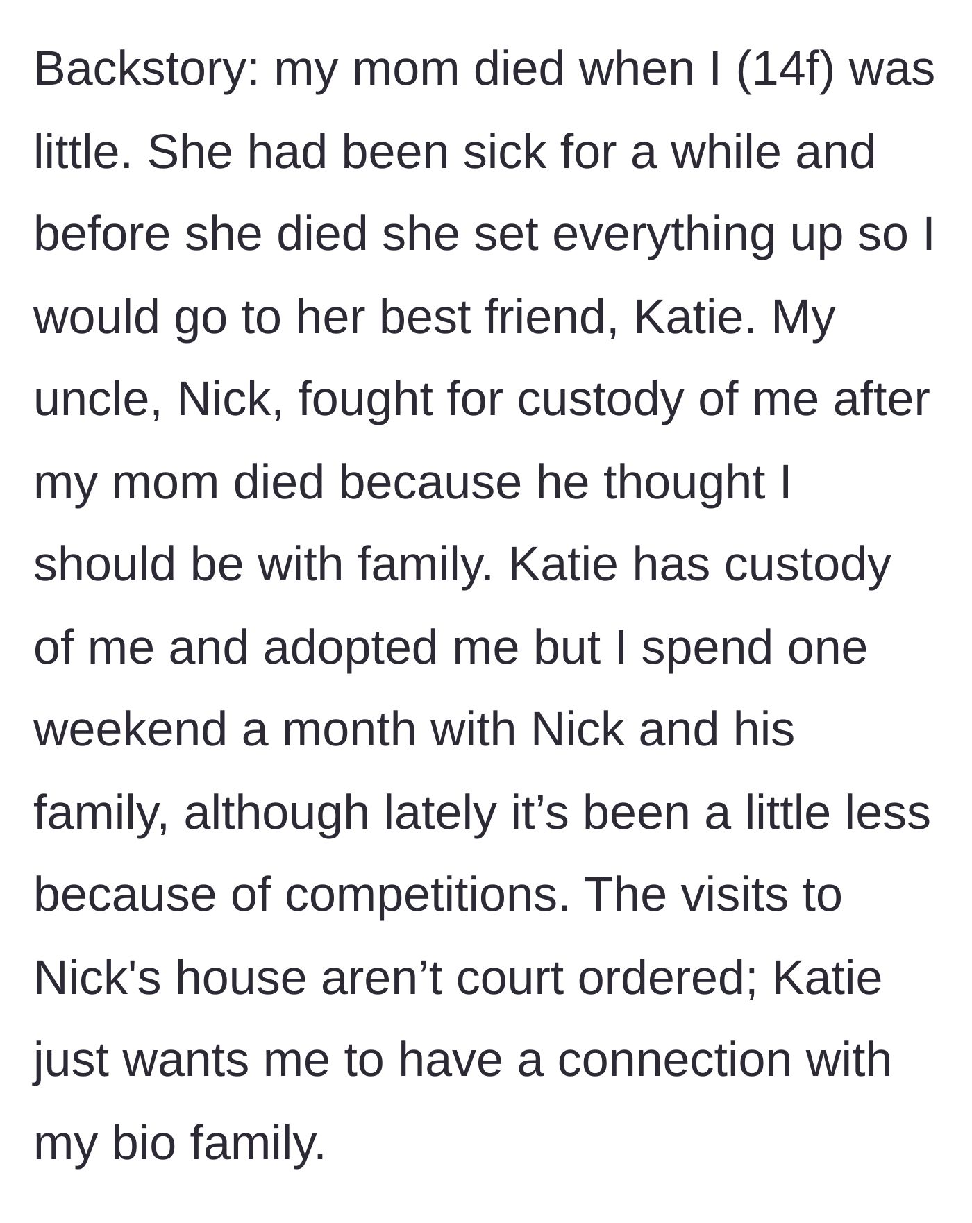 Story part 1 - Background of a mother's passing, a custody dispute, and a fragile weekend visitation arrangement.