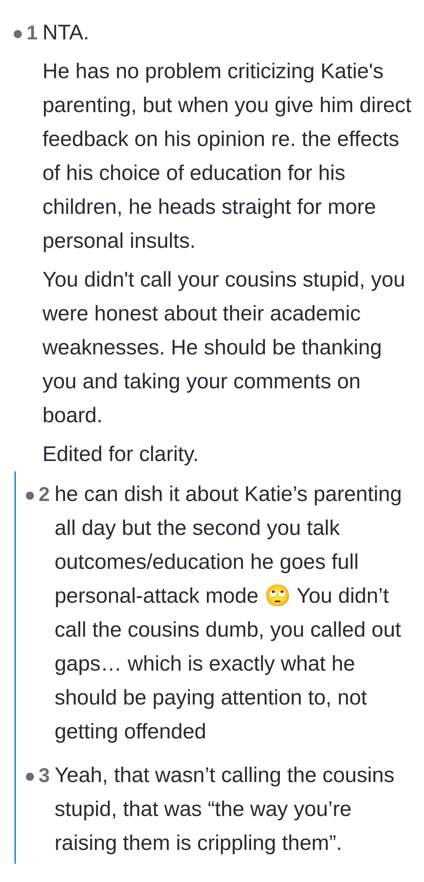 Comment thread 2 - Debating the difference between insulting the cousins' intelligence and pointing out the parents' educational neglect.