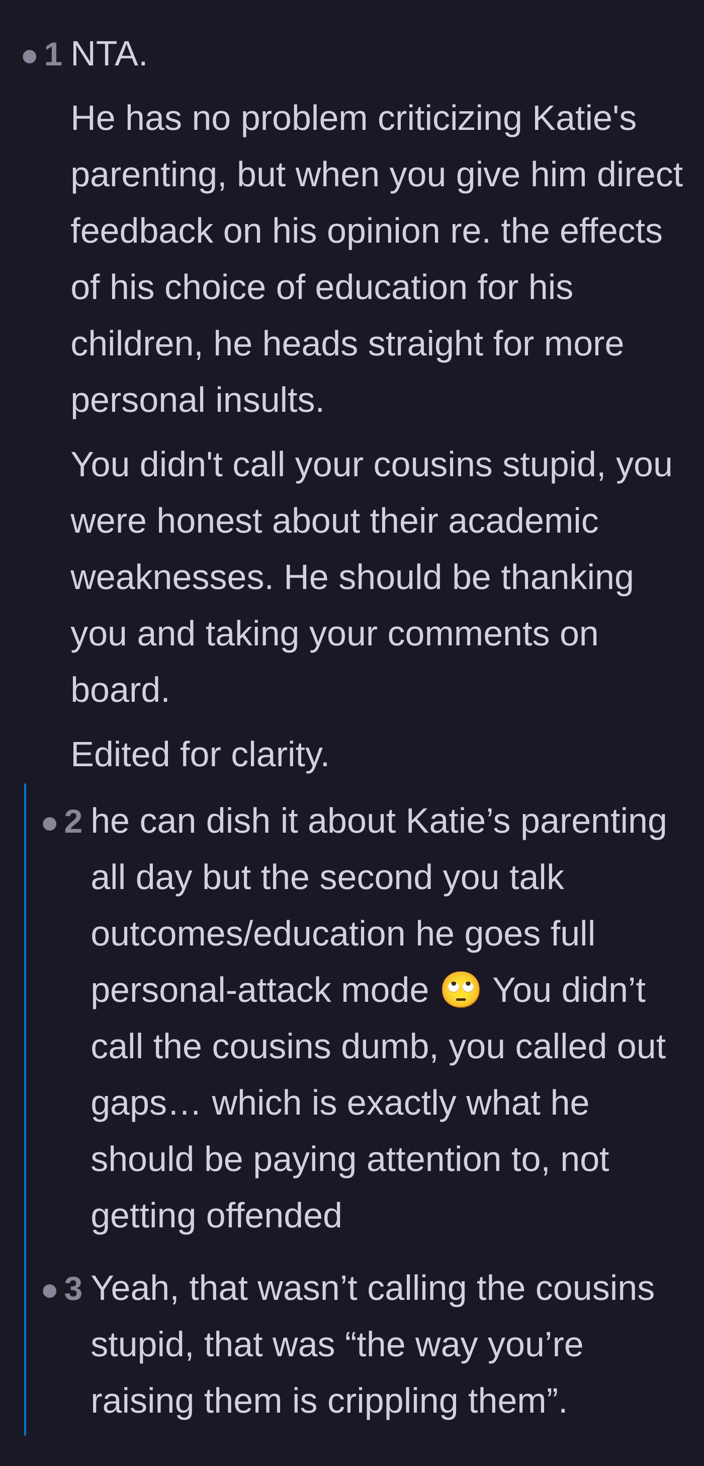Comment thread 2 - Debating the difference between insulting the cousins' intelligence and pointing out the parents' educational neglect.