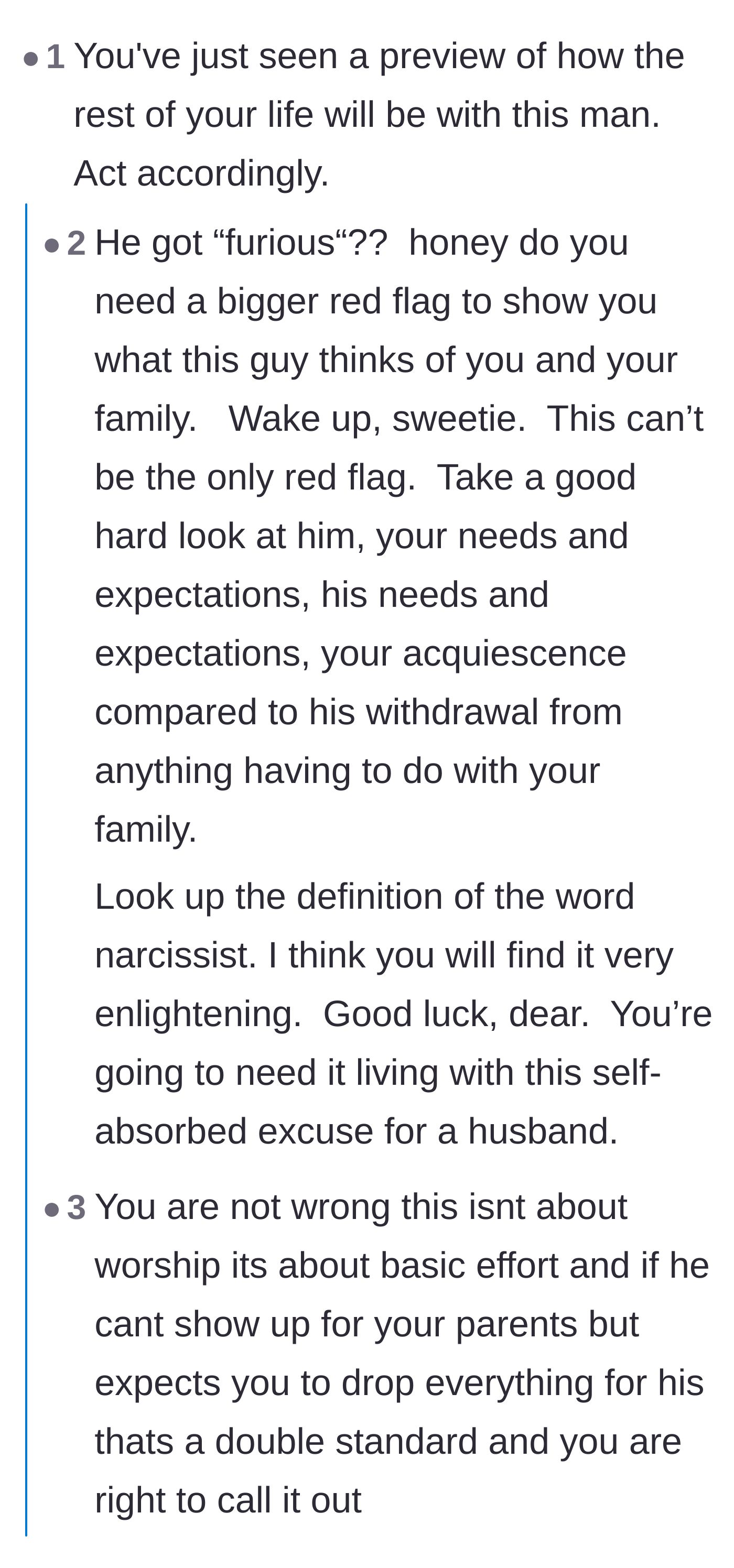 Comment thread 1 - Readers pointing out the massive red flags and double standards in the husband's behavior.