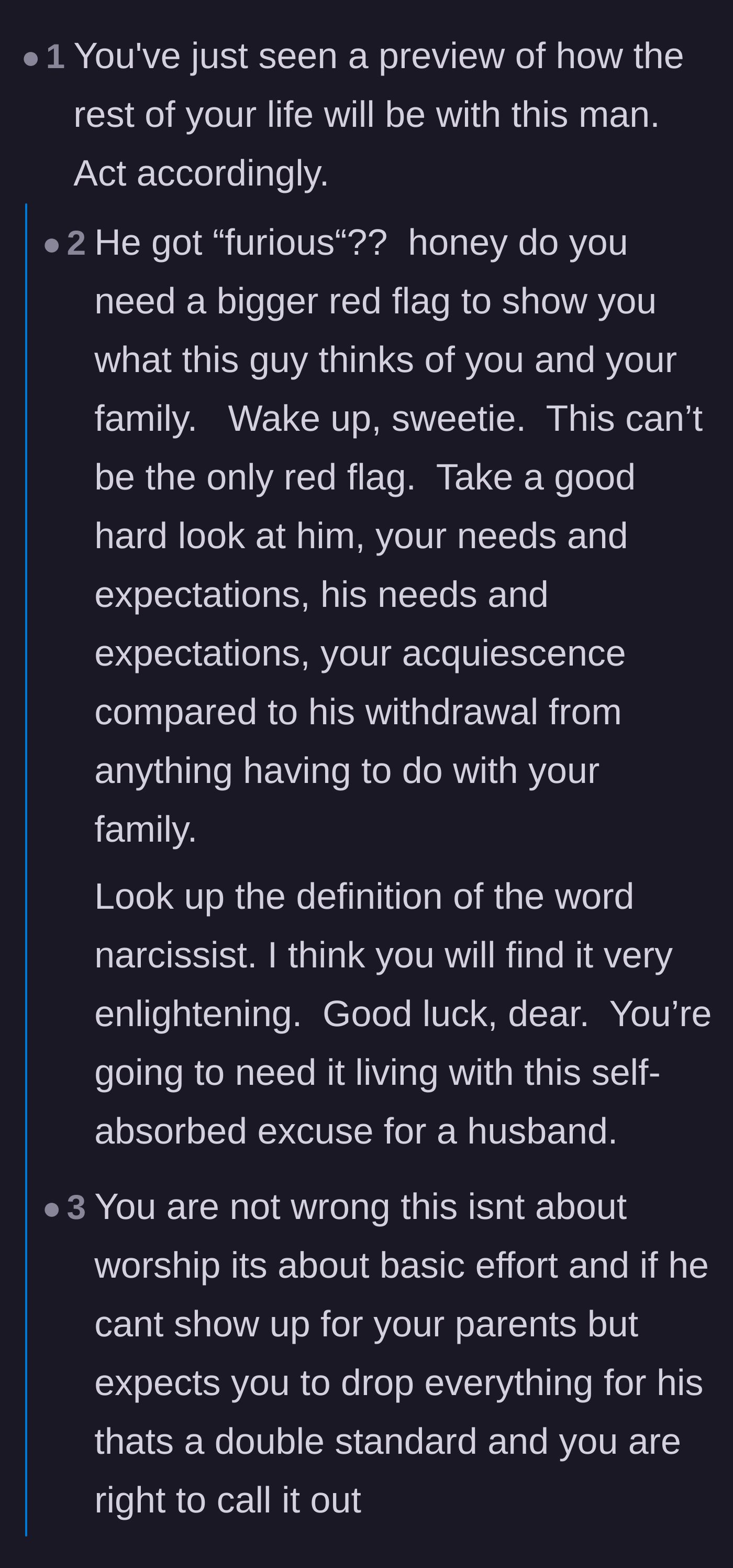 Comment thread 1 - Readers pointing out the massive red flags and double standards in the husband's behavior.
