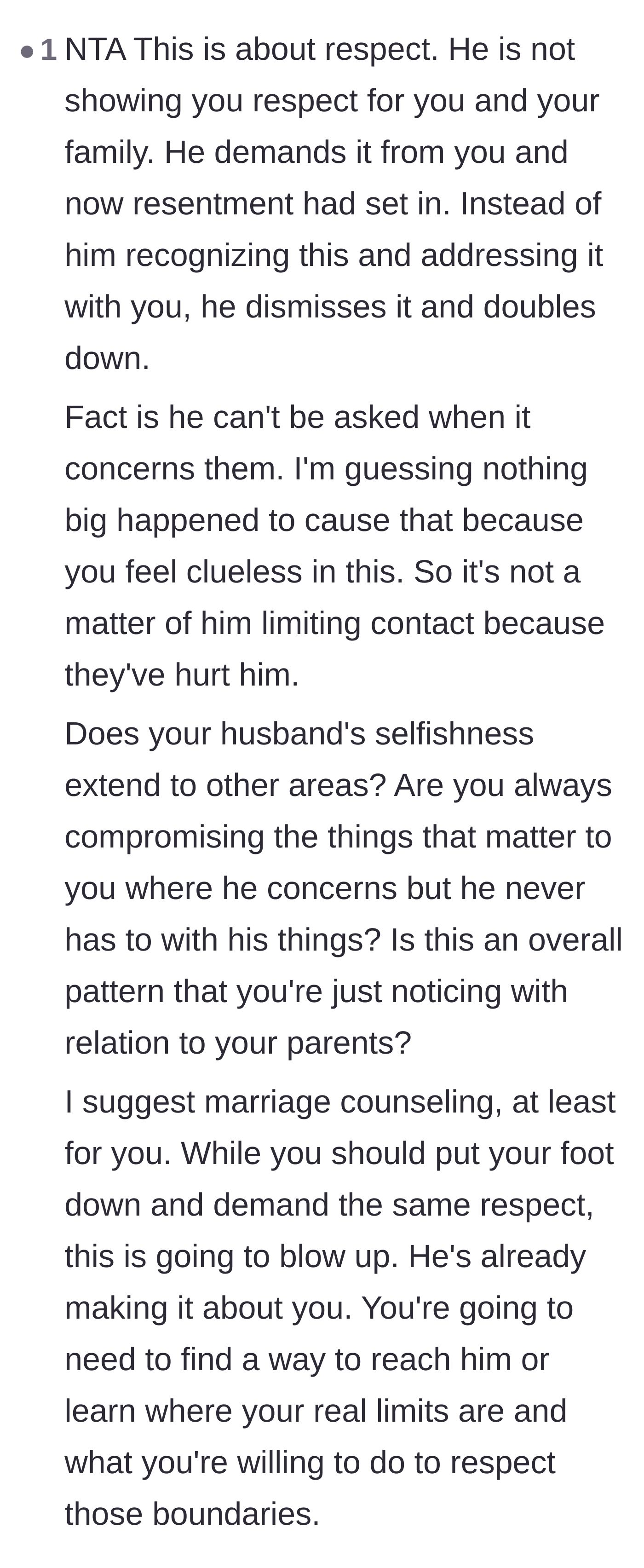 Comment thread 3 - A thoughtful breakdown of the respect deficit and a recommendation for marriage counseling.