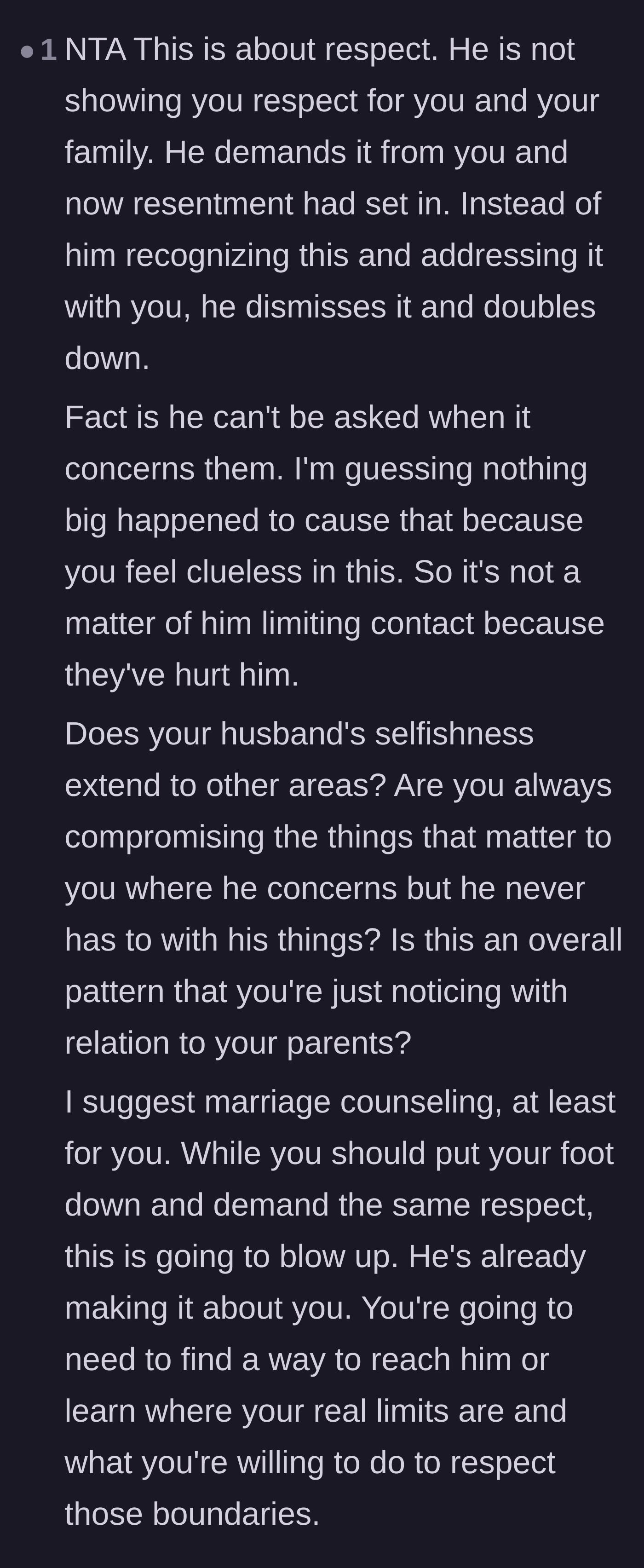Comment thread 3 - A thoughtful breakdown of the respect deficit and a recommendation for marriage counseling.