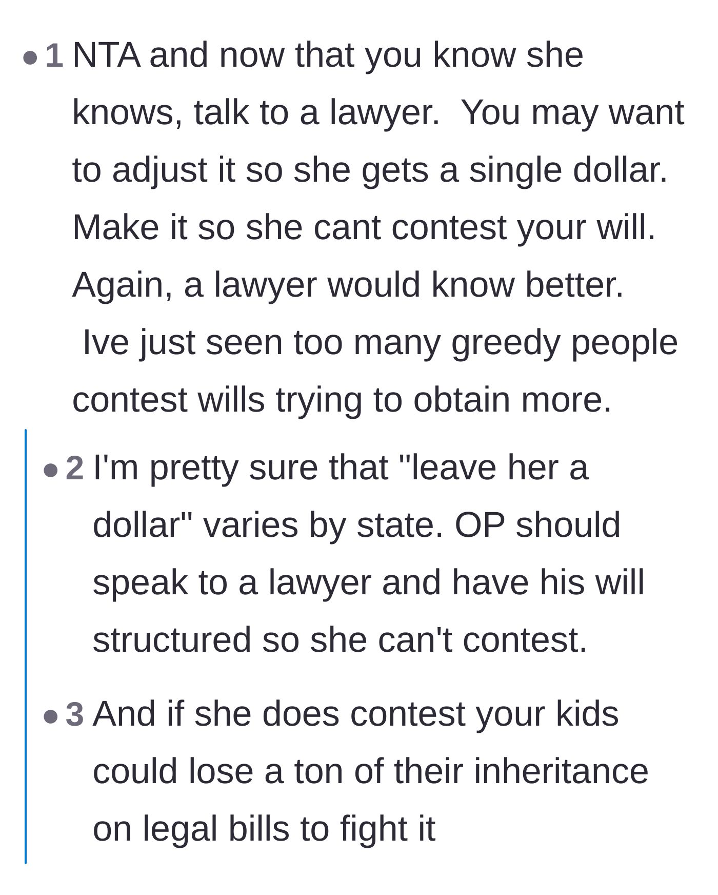 Comment thread 1 - A debate debunking the common myth of leaving an estranged child one dollar in a will to prevent them from contesting it.
