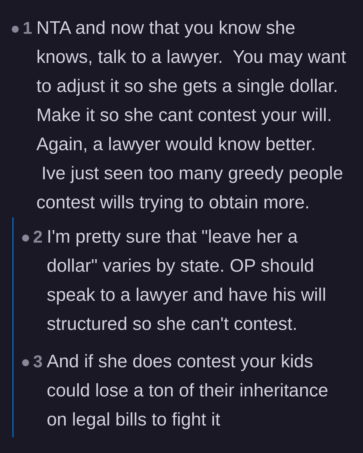 Comment thread 1 - A debate debunking the common myth of leaving an estranged child one dollar in a will to prevent them from contesting it.