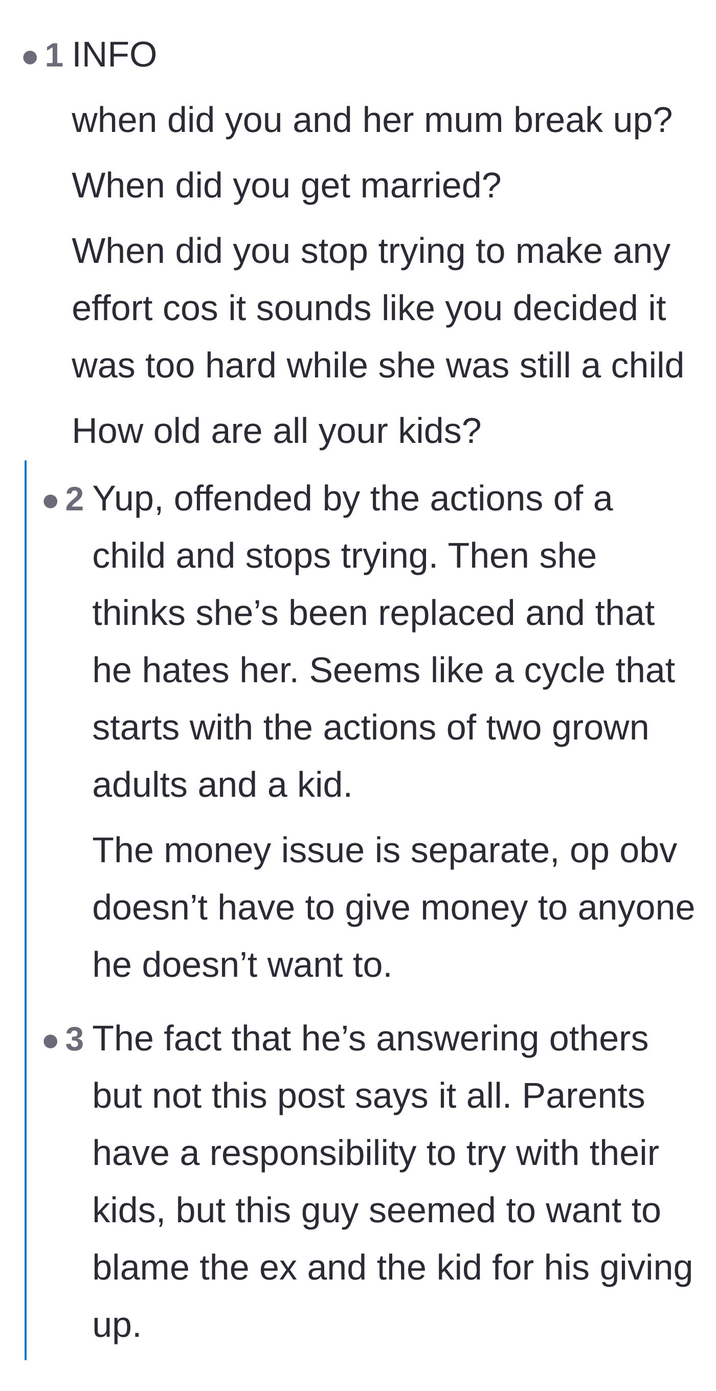Comment thread 5 - A debate arguing that a true parent never gives up on their child, regardless of how difficult the relationship becomes.