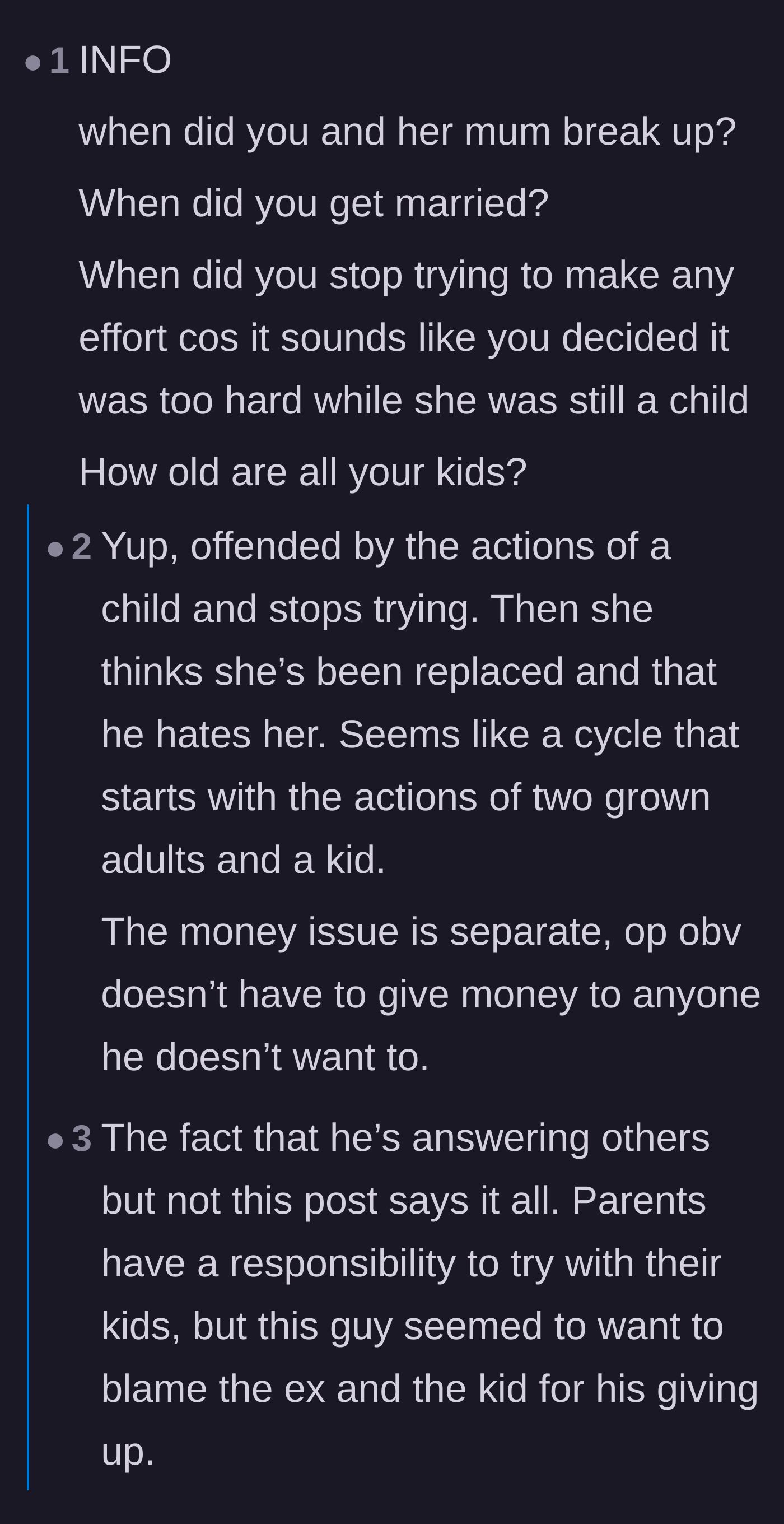 Comment thread 5 - A debate arguing that a true parent never gives up on their child, regardless of how difficult the relationship becomes.