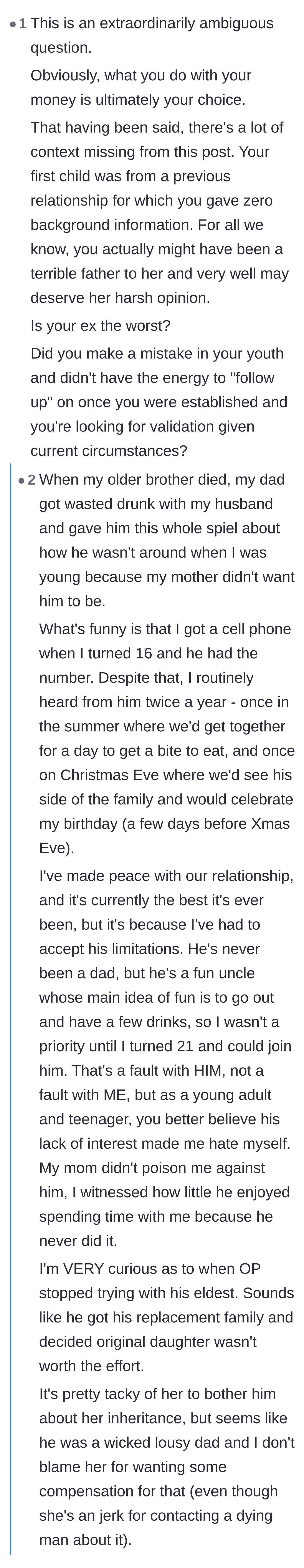 Comment thread 6 - Readers sharing personal stories of absent fathers and pointing out the red flags in the original poster's language.