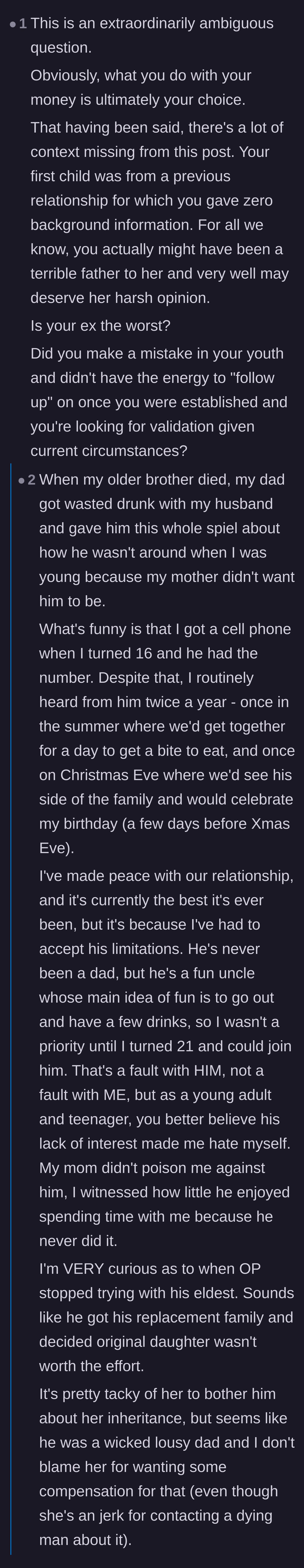 Comment thread 6 - Readers sharing personal stories of absent fathers and pointing out the red flags in the original poster's language.