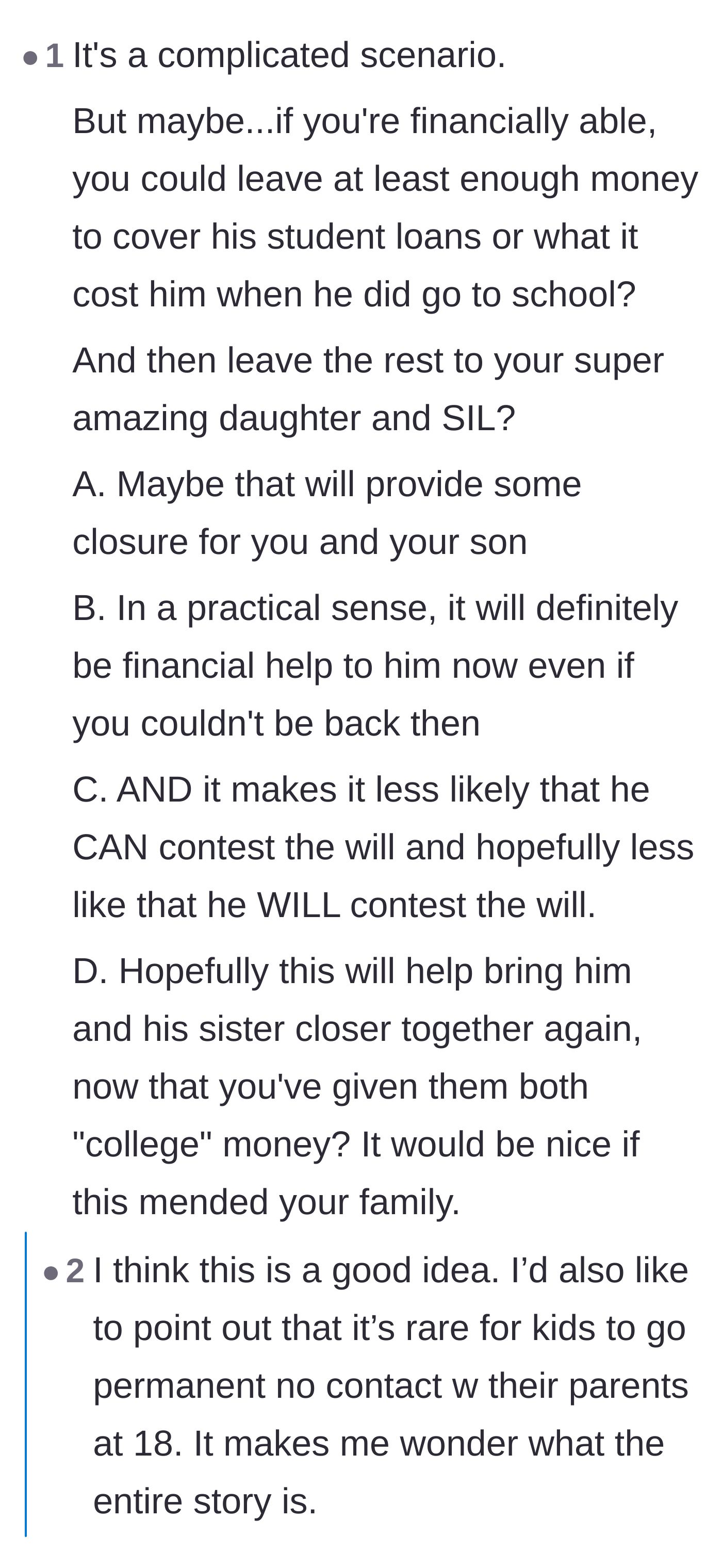 Comment thread discussing the idea of leaving the son the exact monetary equivalent of his college tuition to finally close the ledger.