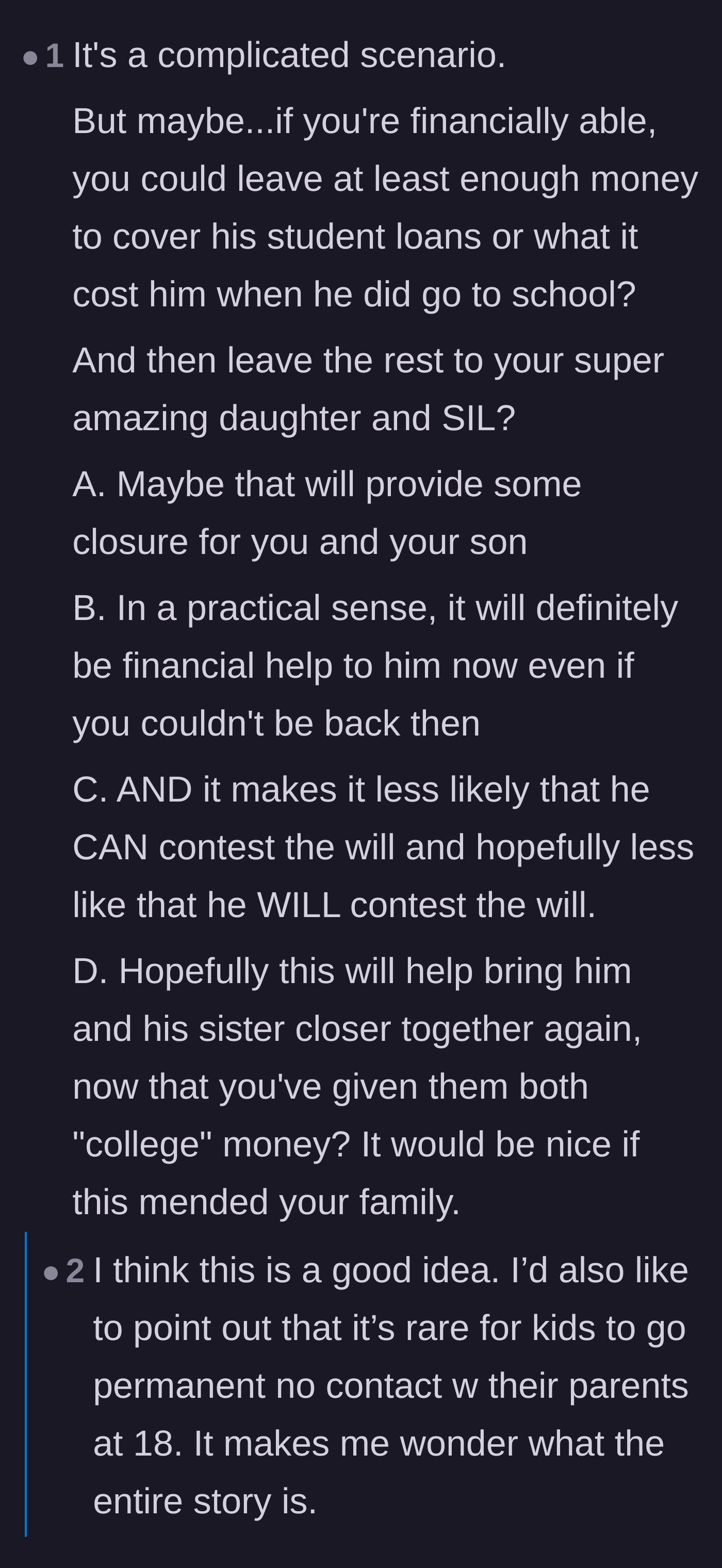 Comment thread discussing the idea of leaving the son the exact monetary equivalent of his college tuition to finally close the ledger.