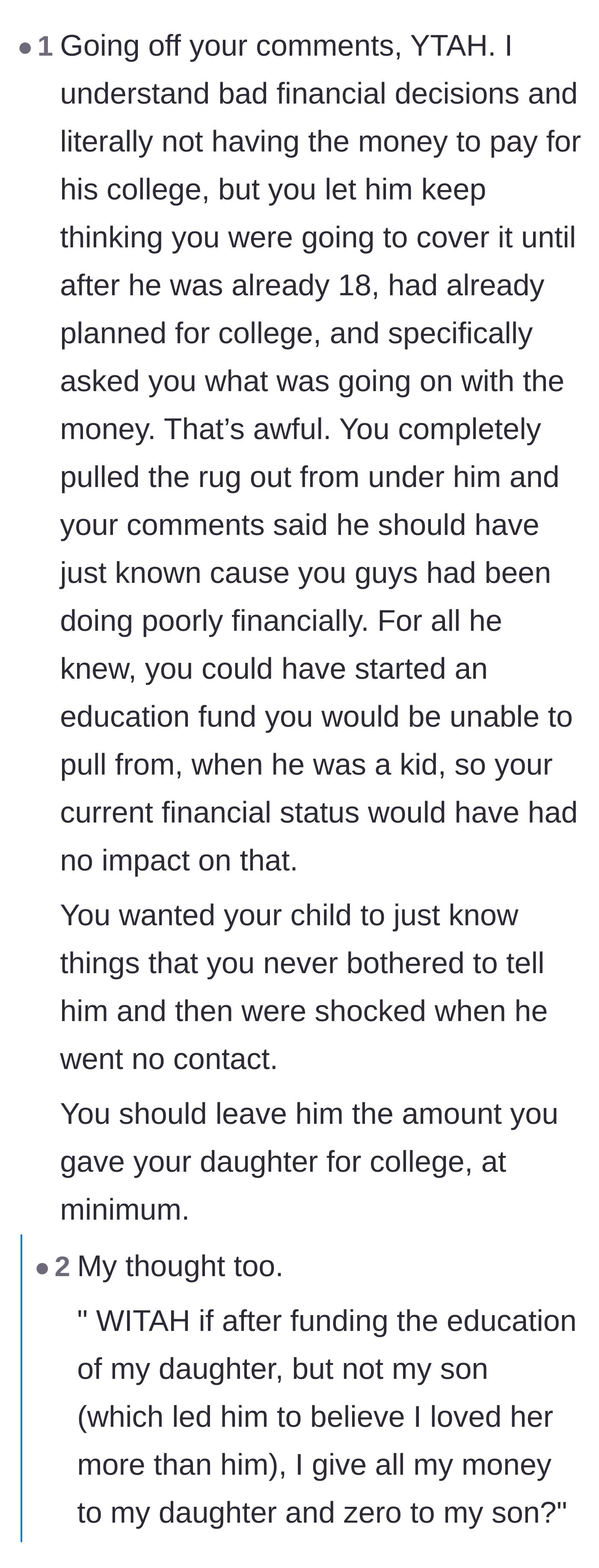 Comment thread calling out the father for pulling the rug out from under his eighteen-year-old son at the last minute instead of communicating the financial reality earlier.