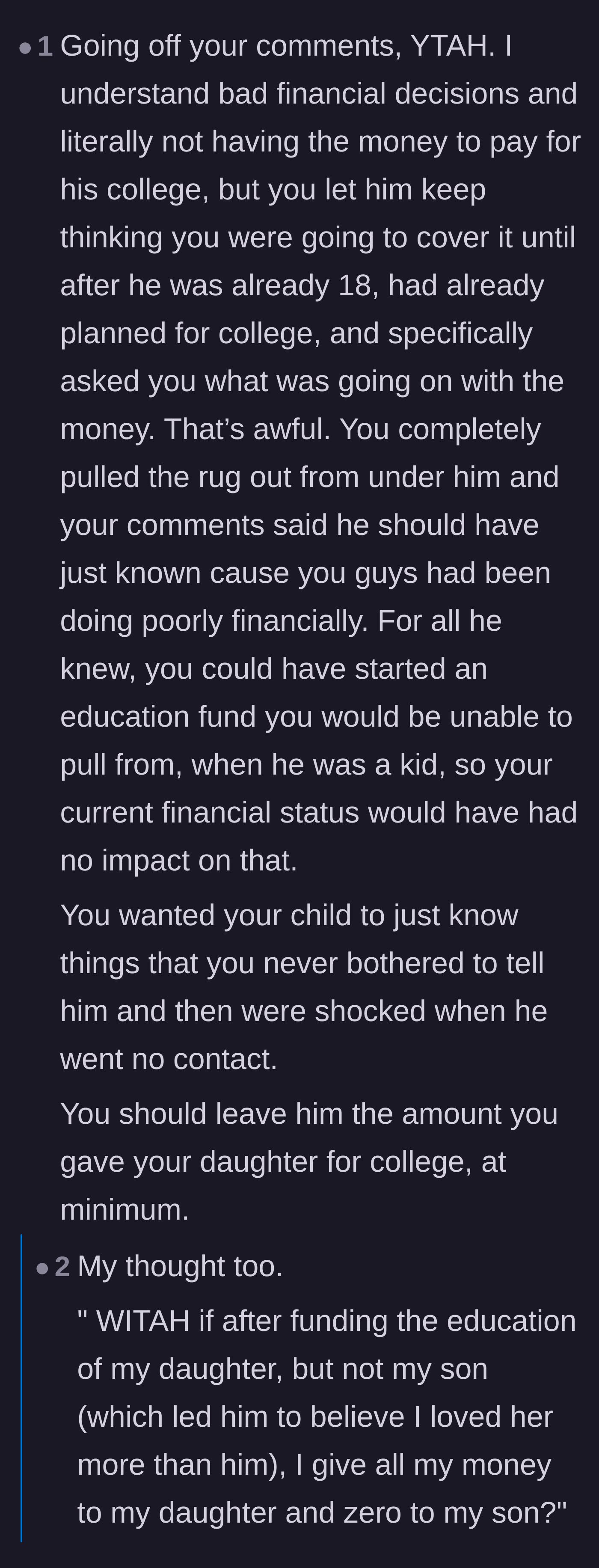 Comment thread calling out the father for pulling the rug out from under his eighteen-year-old son at the last minute instead of communicating the financial reality earlier.