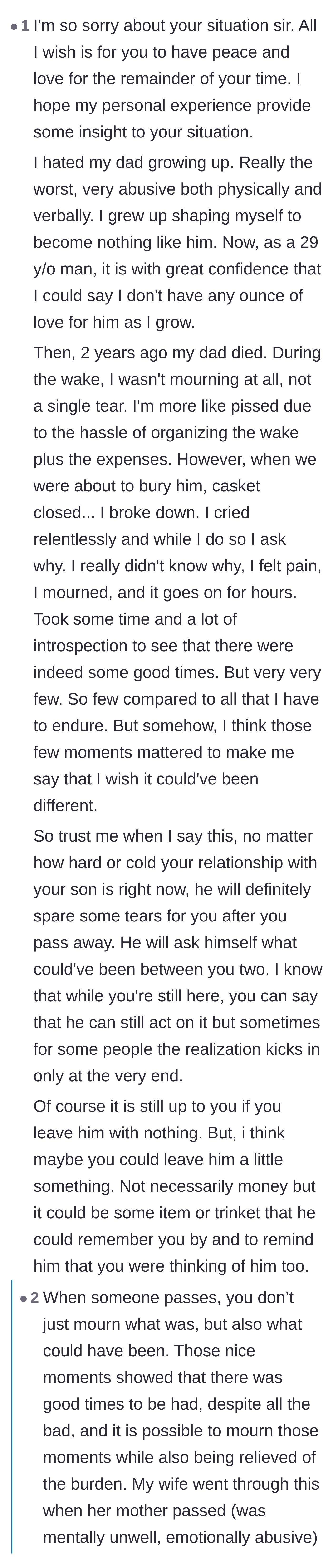 Comment thread sharing a personal story about grieving an abusive parent and suggesting the father leave a sentimental token behind.